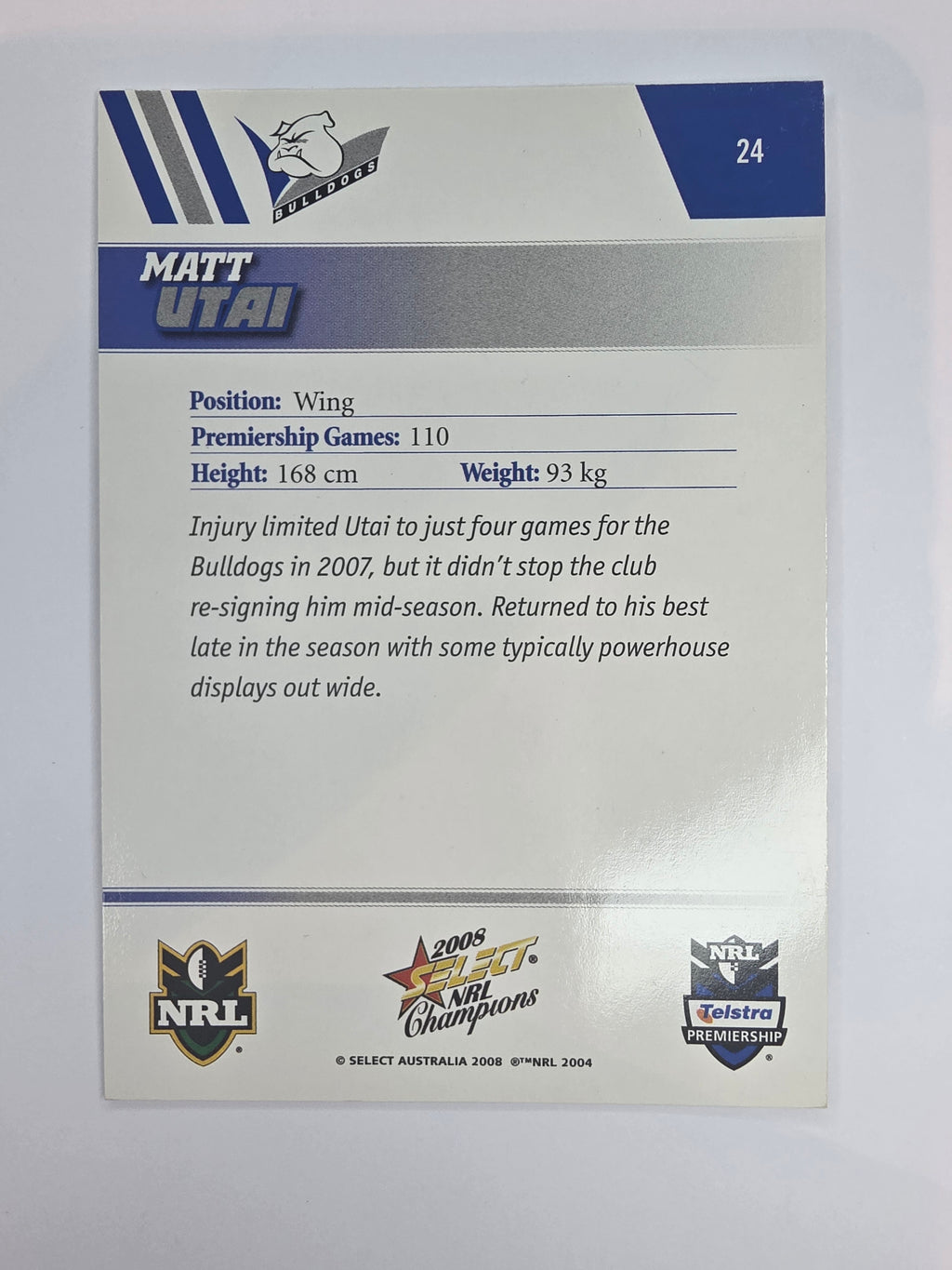 NRL 2008 Champions Base Card #24 Matt Utai Canterbury Bankstown Bulldogs