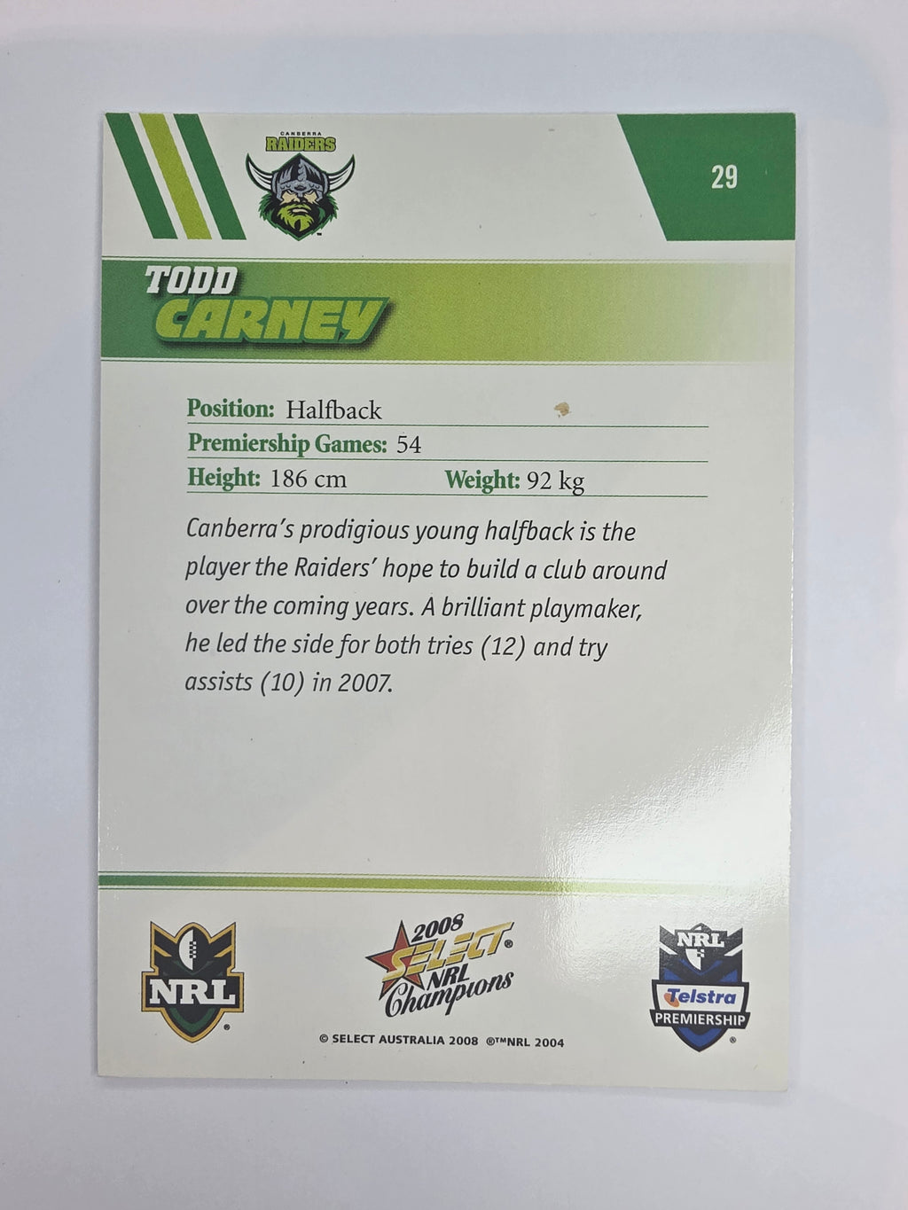 NRL 2008 Champions Base Card #29 Todd Carney Canberra Raiders
