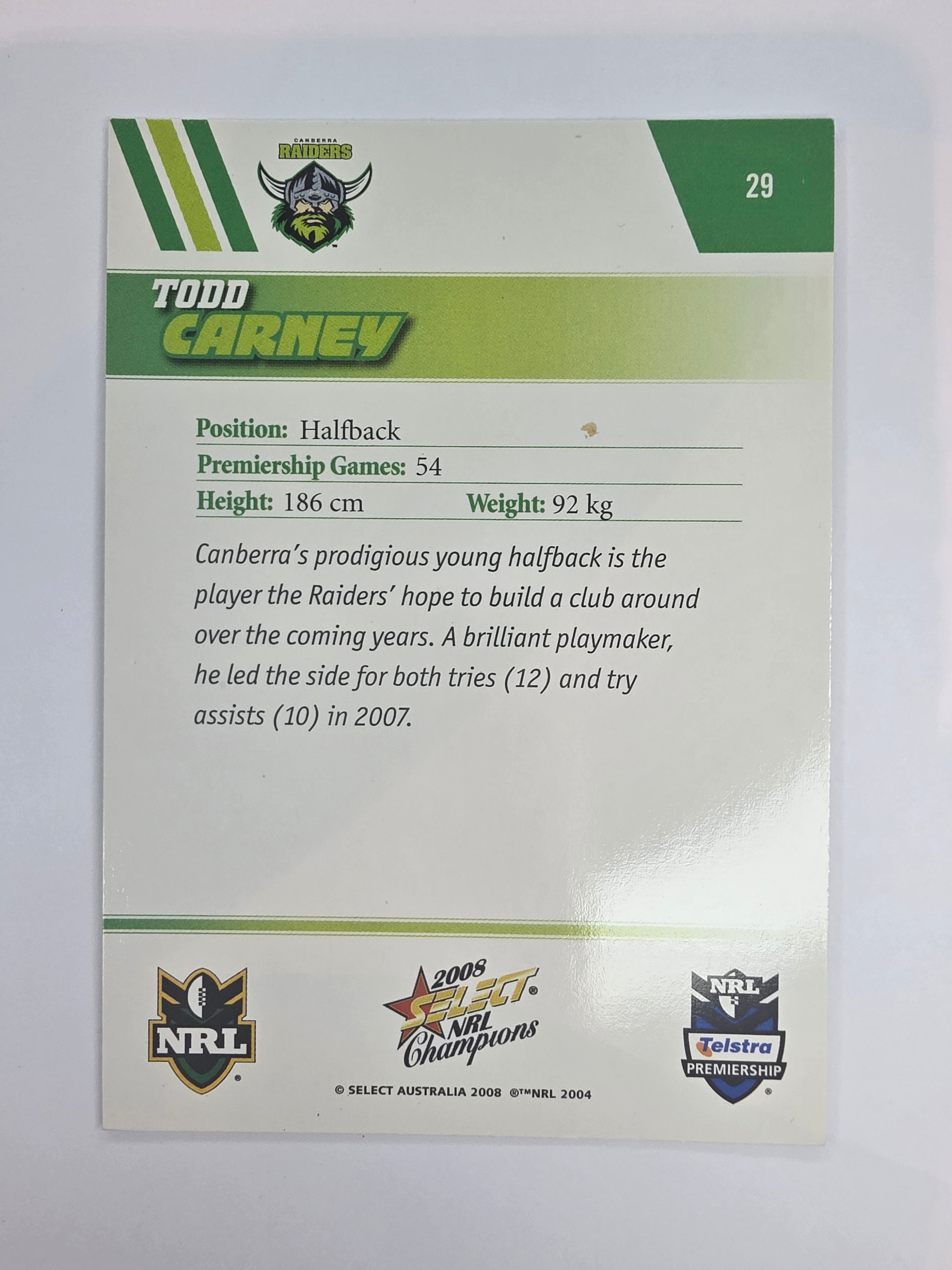 NRL 2008 Champions Base Card #29 Todd Carney Canberra Raiders