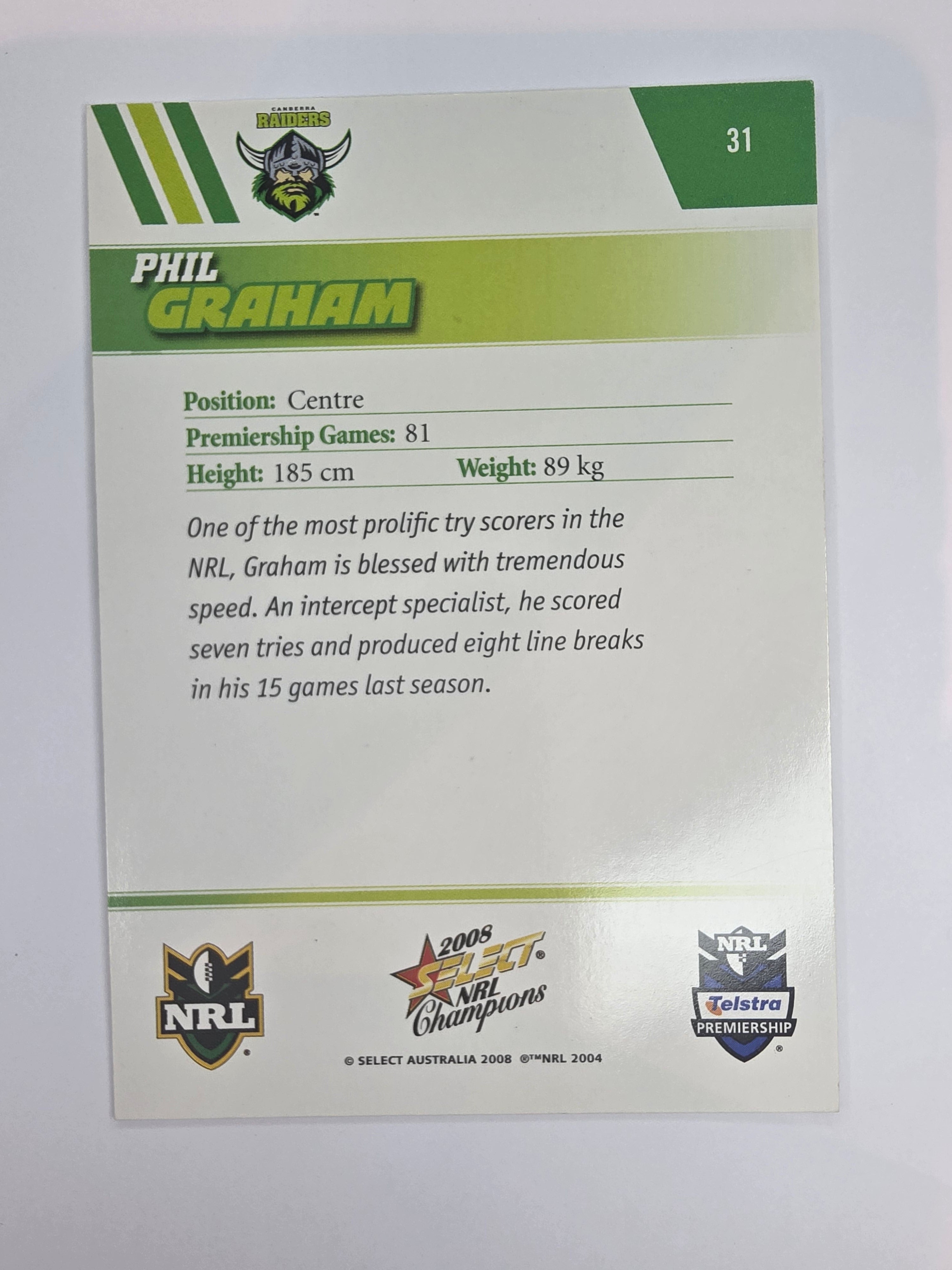 NRL 2008 Champions Base Card #31 Phil Graham Canberra Raiders