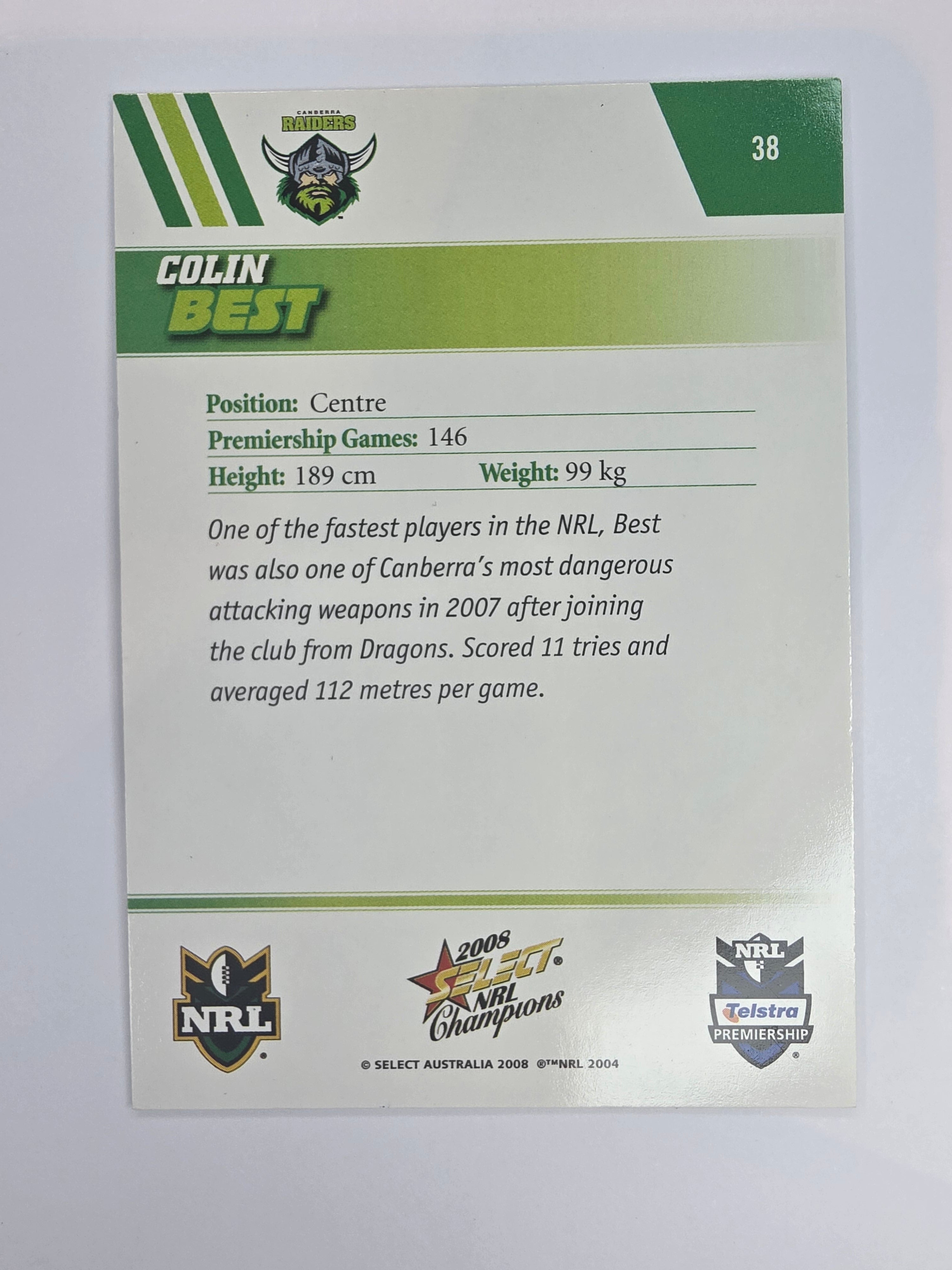 NRL 2008 Champions Base Card #38 Colin Best Canberra Raiders