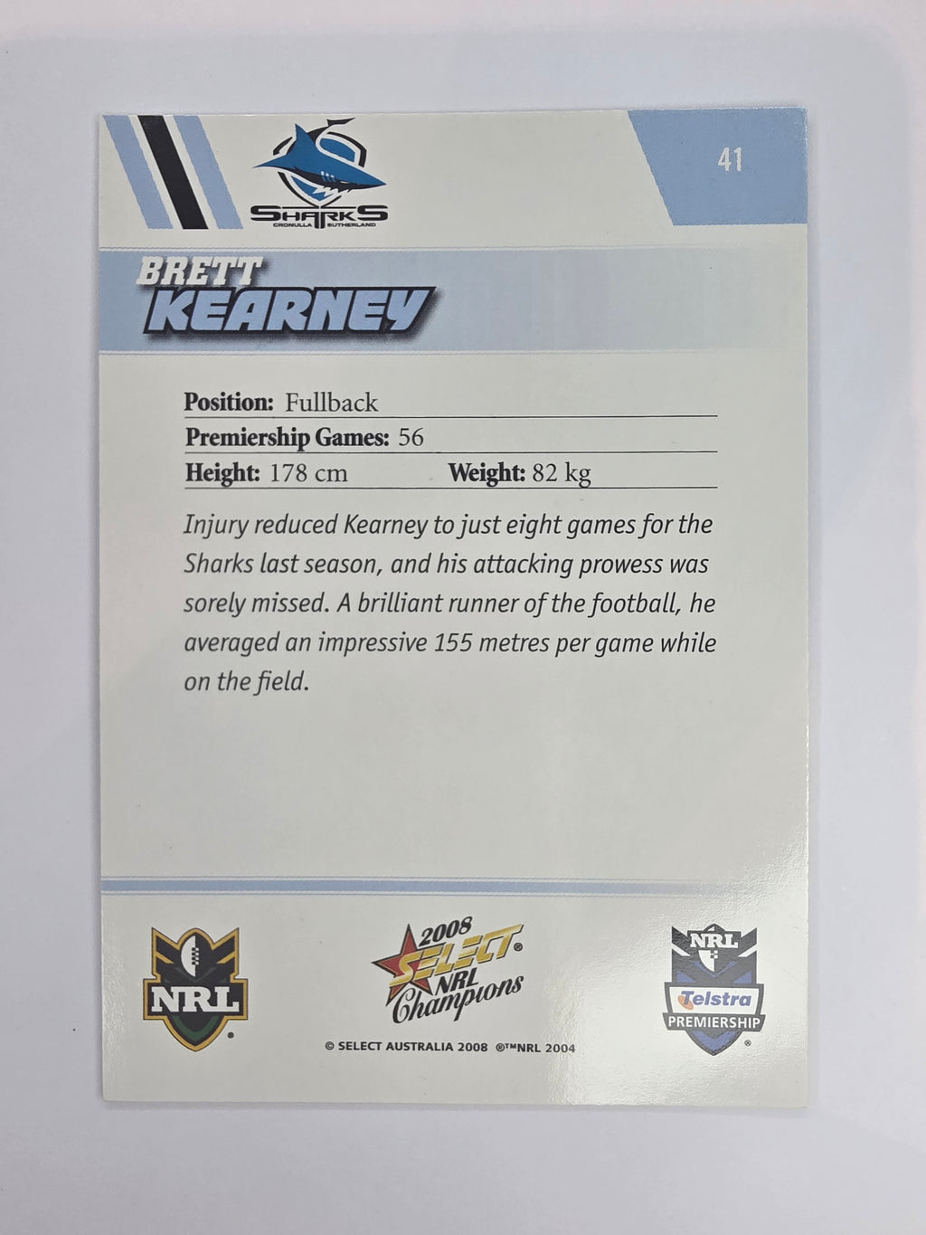 NRL 2008 Champions Base Card #41 Brett Kearney Cronulla Sutherland Sharks