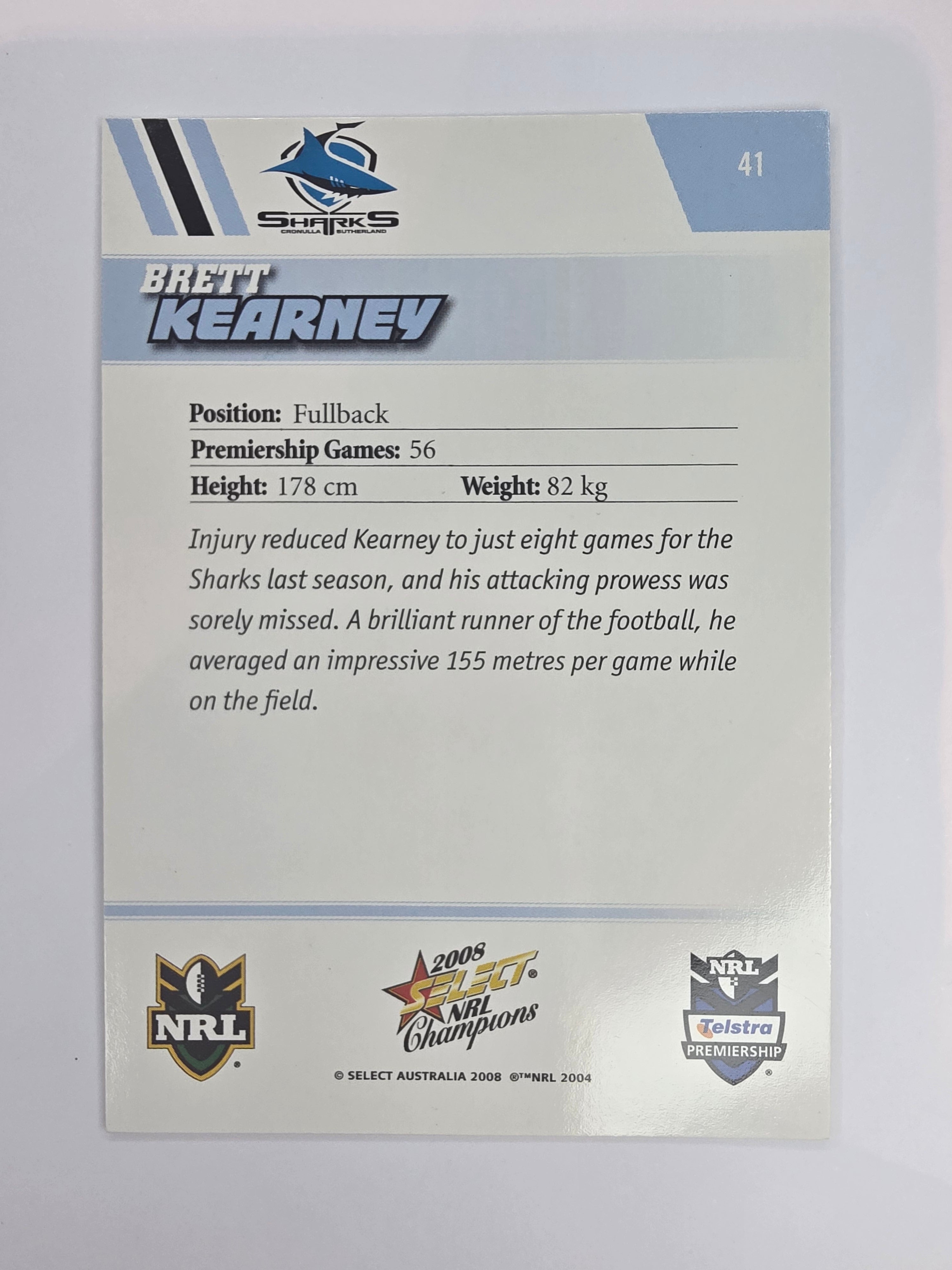 NRL 2008 Champions Base Card #41 Brett Kearney Cronulla Sutherland Sharks