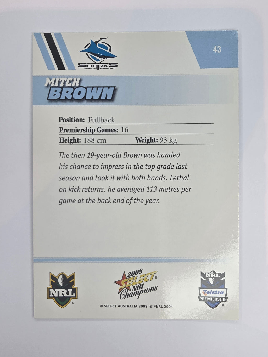 NRL 2008 Champions Base Card #43 Mitch Brown Cronulla Sutherland Sharks