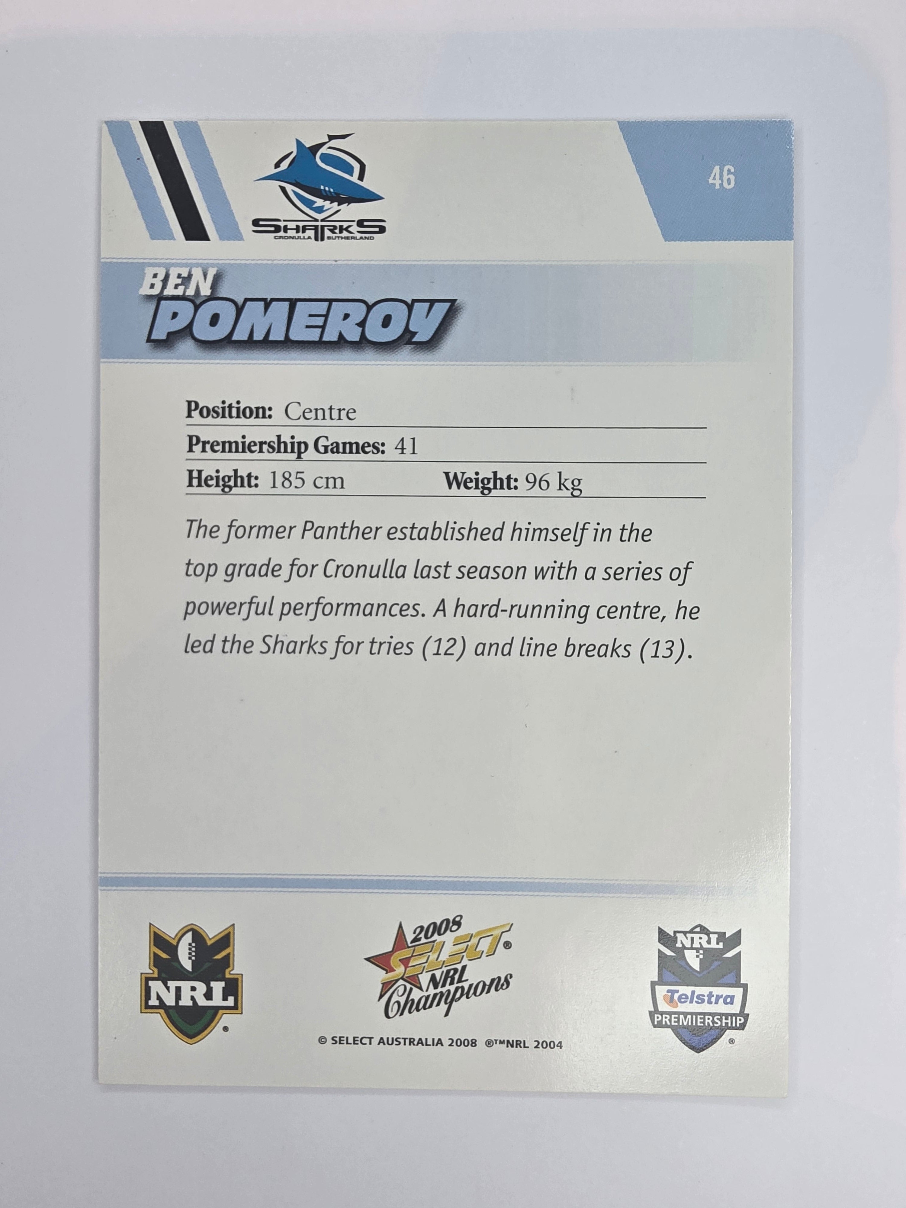 NRL 2008 Champions Base Card #46 Ben Pomeroy Cronulla Sutherland Sharks