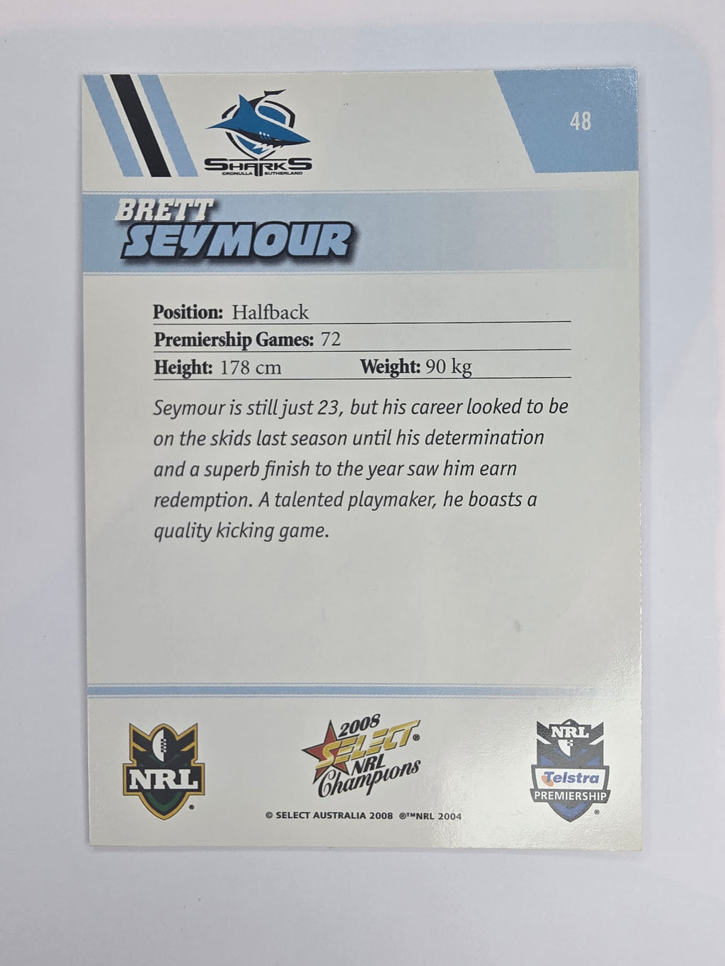 NRL 2008 Champions Base Card #48 Brett Seymour Cronulla Sutherland Sharks