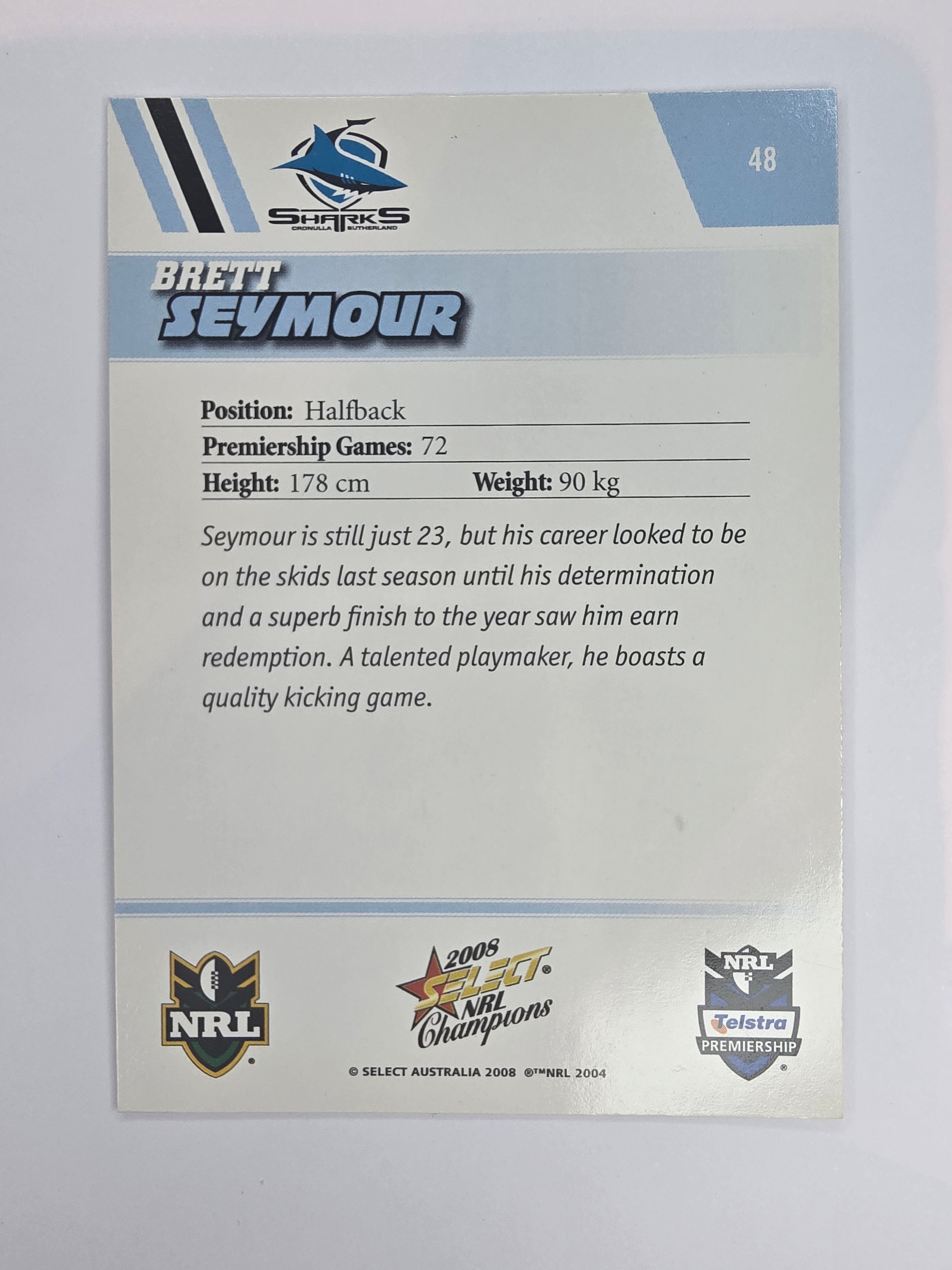 NRL 2008 Champions Base Card #48 Brett Seymour Cronulla Sutherland Sharks