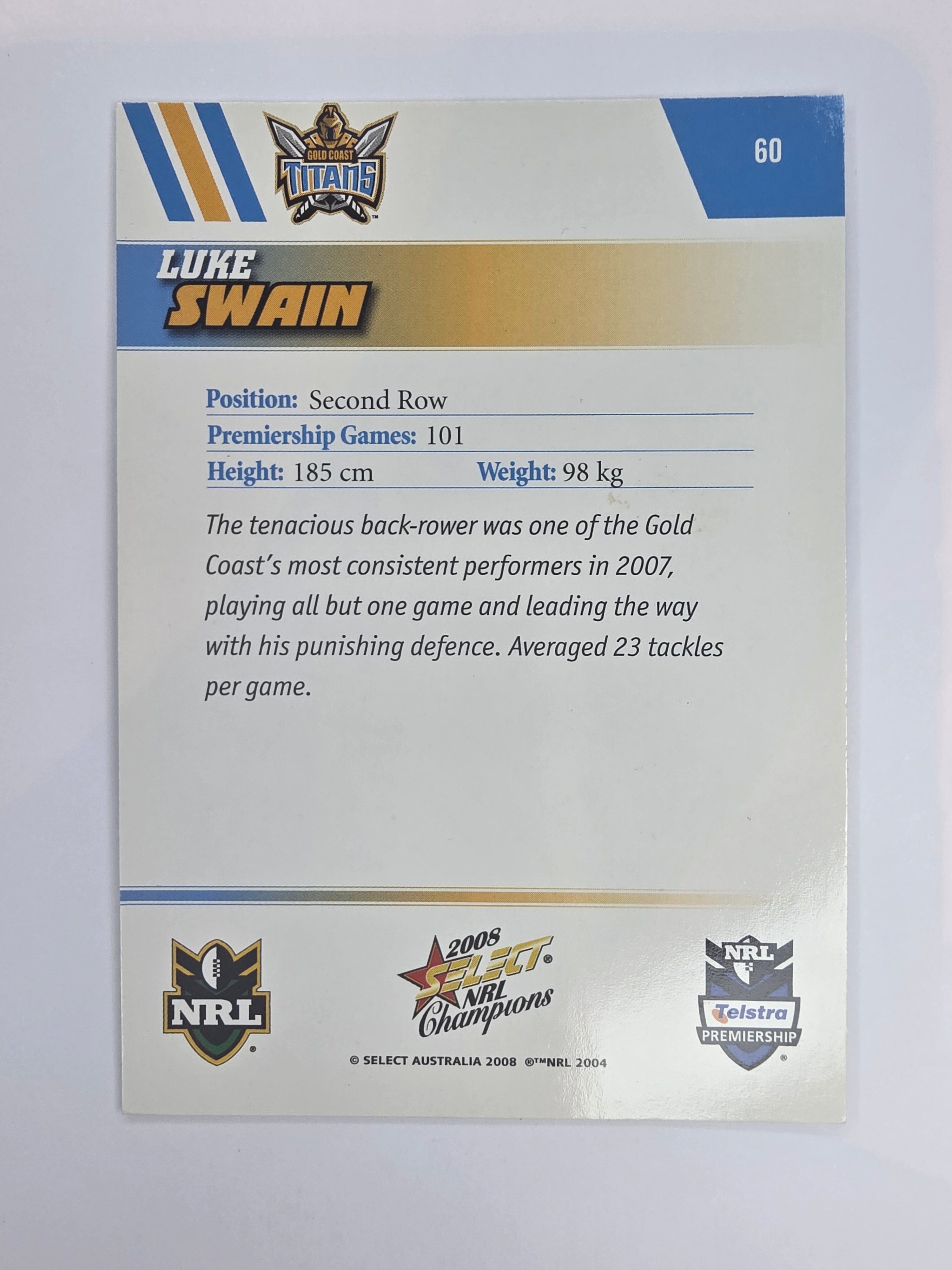 NRL 2008 Champions Base Card #60 Luke Swain Gold Coast Titans