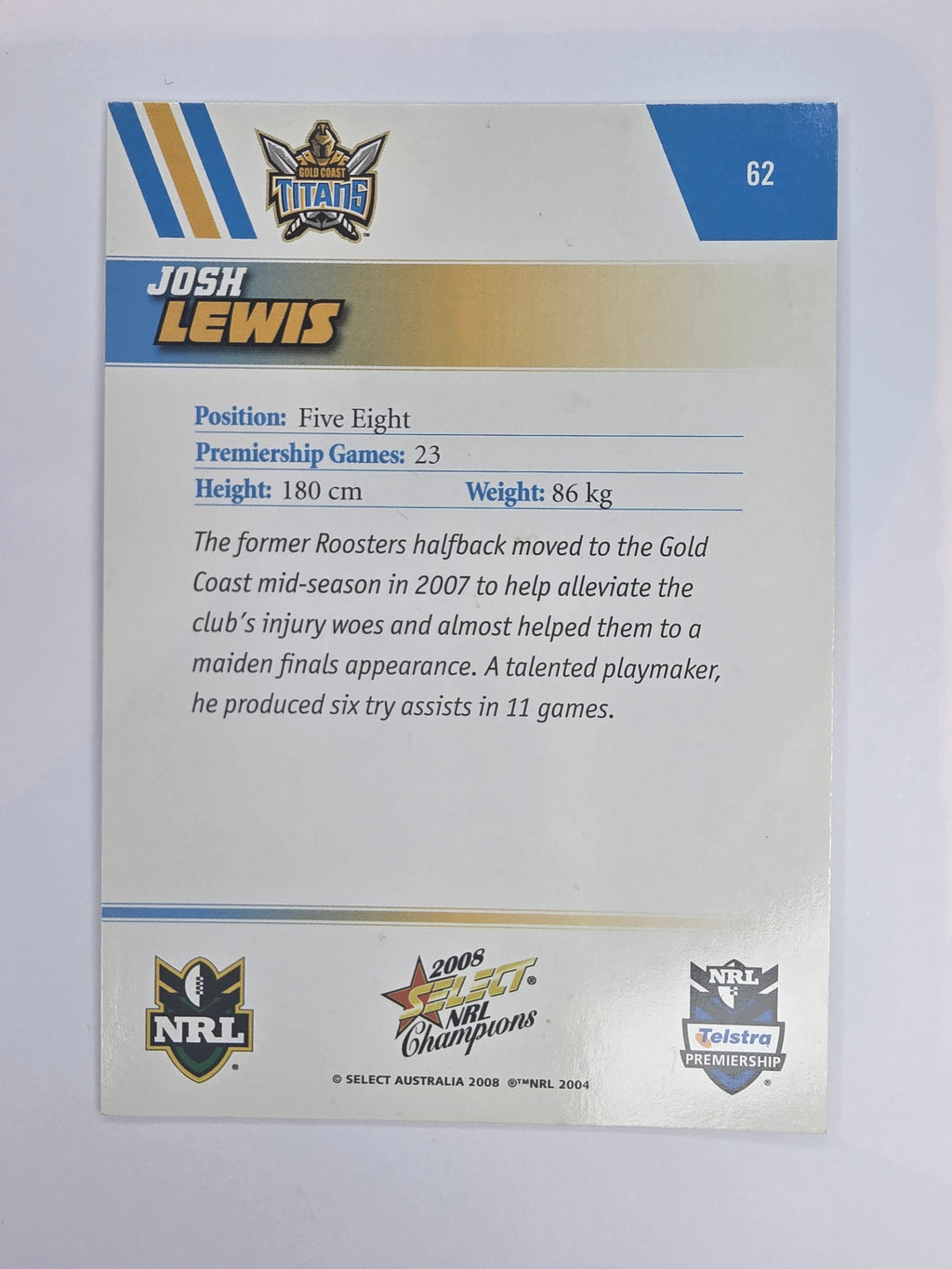NRL 2008 Champions Base Card #62 Josh Lewis Gold Coast Titans