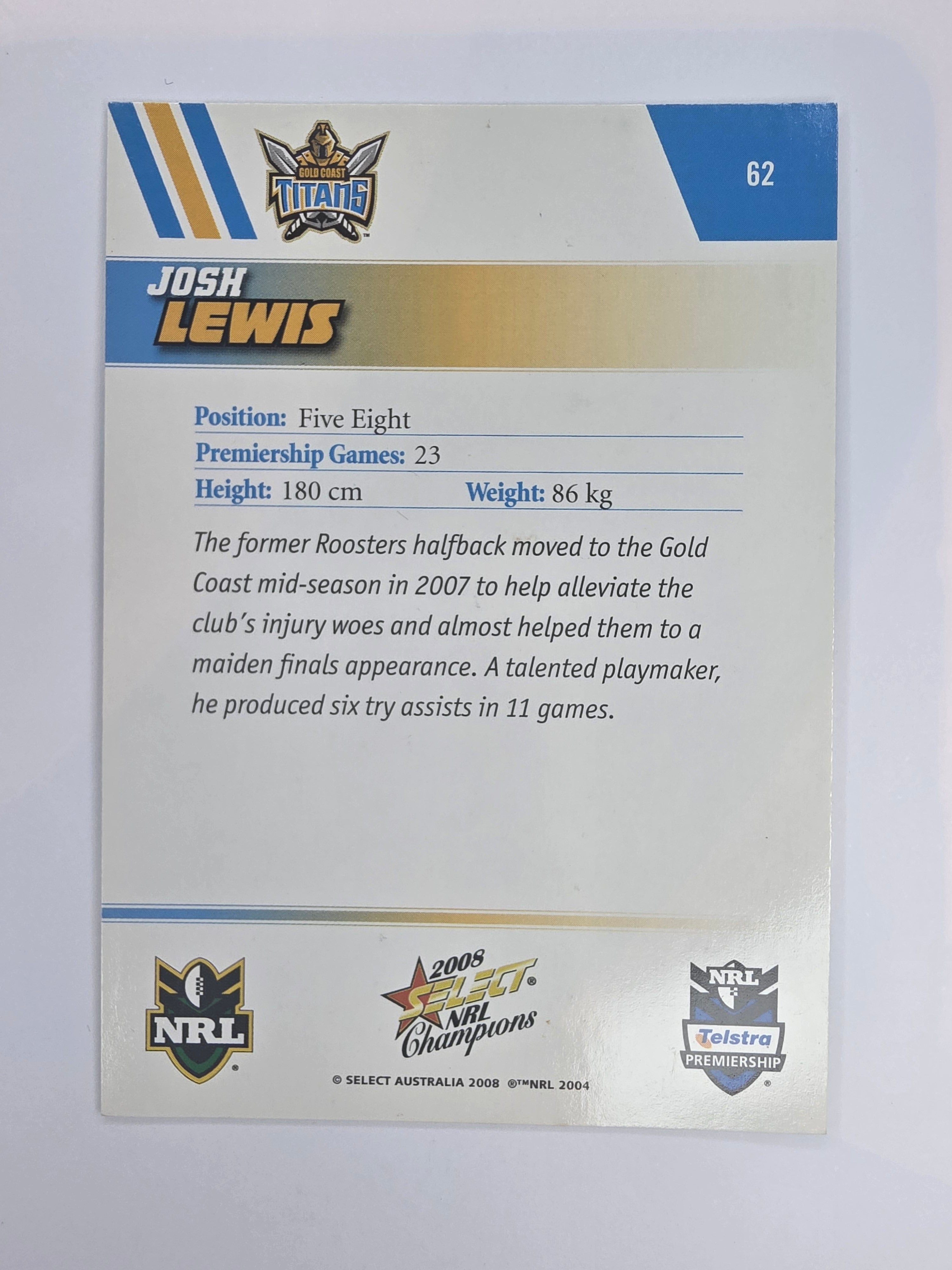 NRL 2008 Champions Base Card #62 Josh Lewis Gold Coast Titans