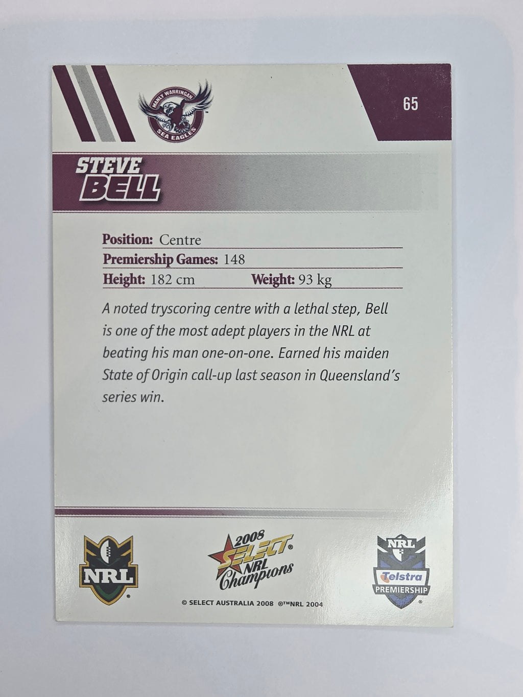 NRL 2008 Champions Base Card #65 Steve Bell Manly Warringah Sea Eagles