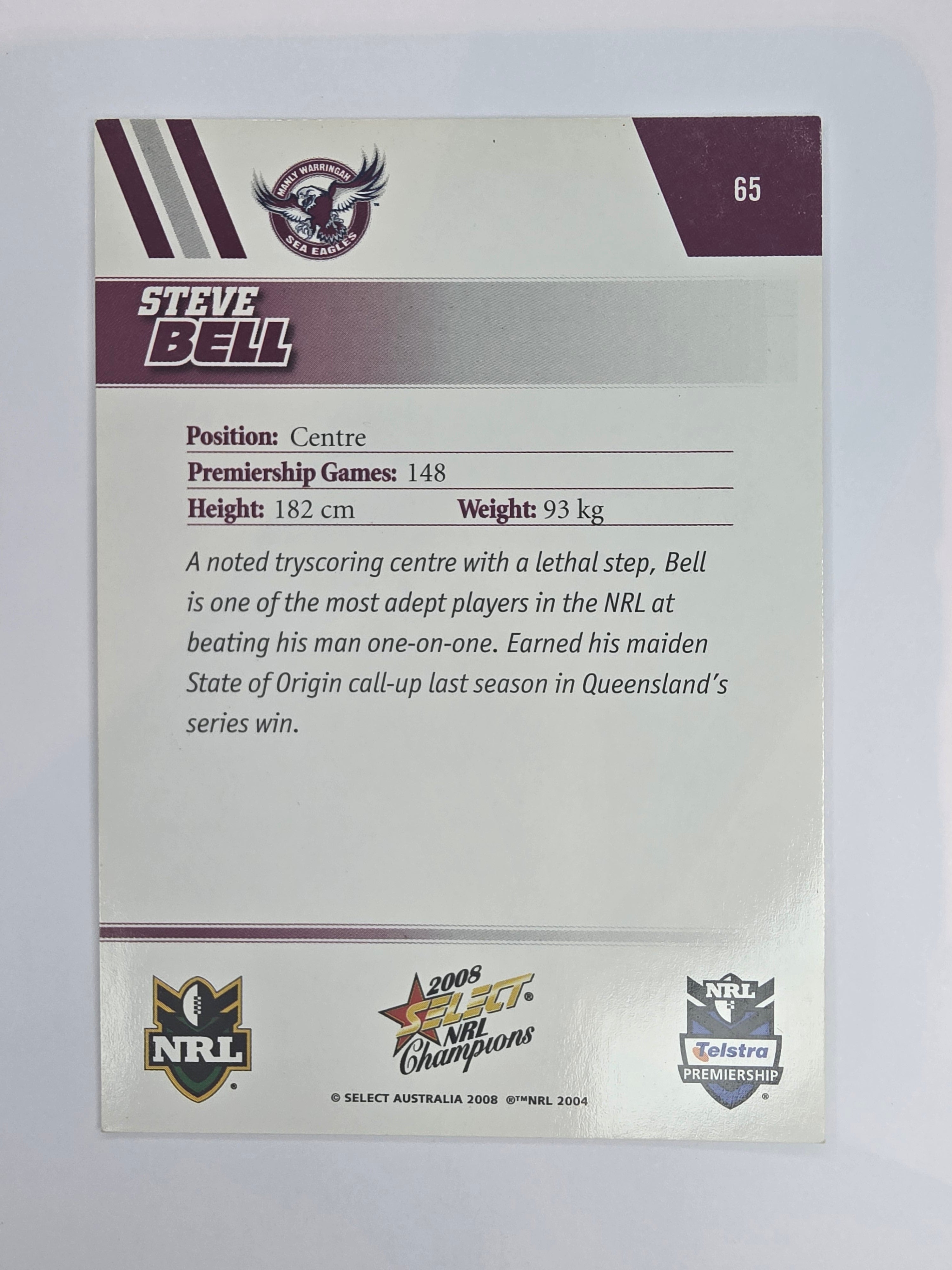 NRL 2008 Champions Base Card #65 Steve Bell Manly Warringah Sea Eagles