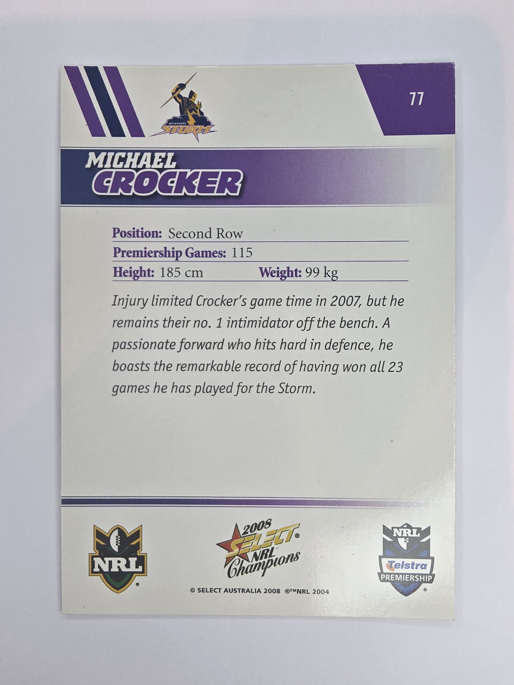 NRL 2008 Champions Base Card #77 Michael Crocker Melbourne Storm