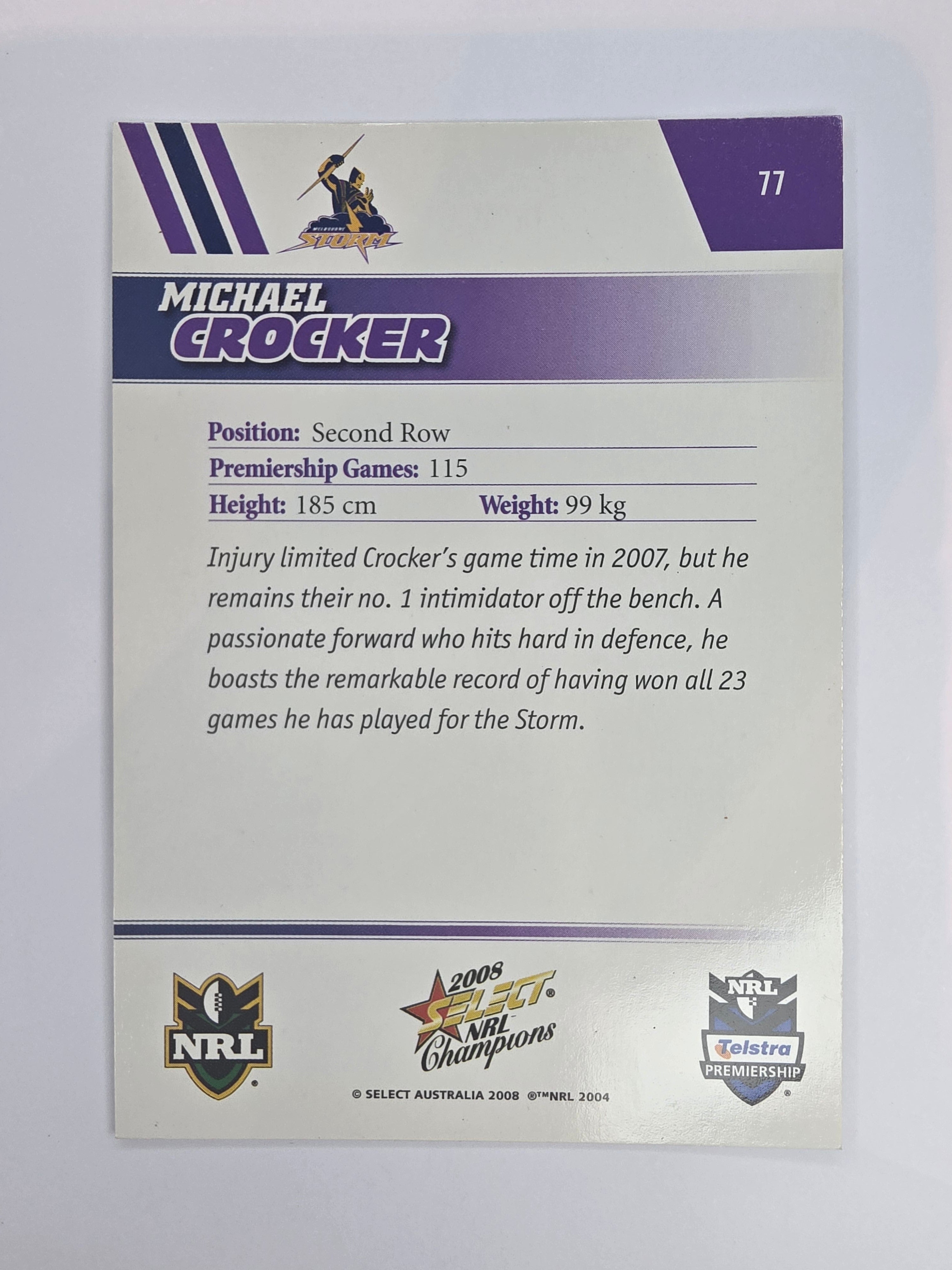 NRL 2008 Champions Base Card #77 Michael Crocker Melbourne Storm