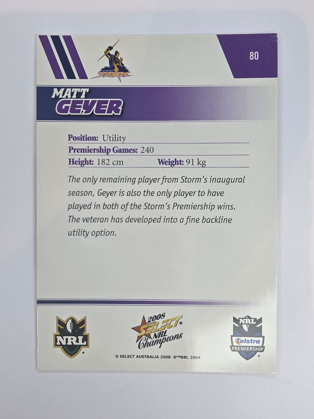 NRL 2008 Champions Base Card #80 Matt Geyer Melbourne Storm