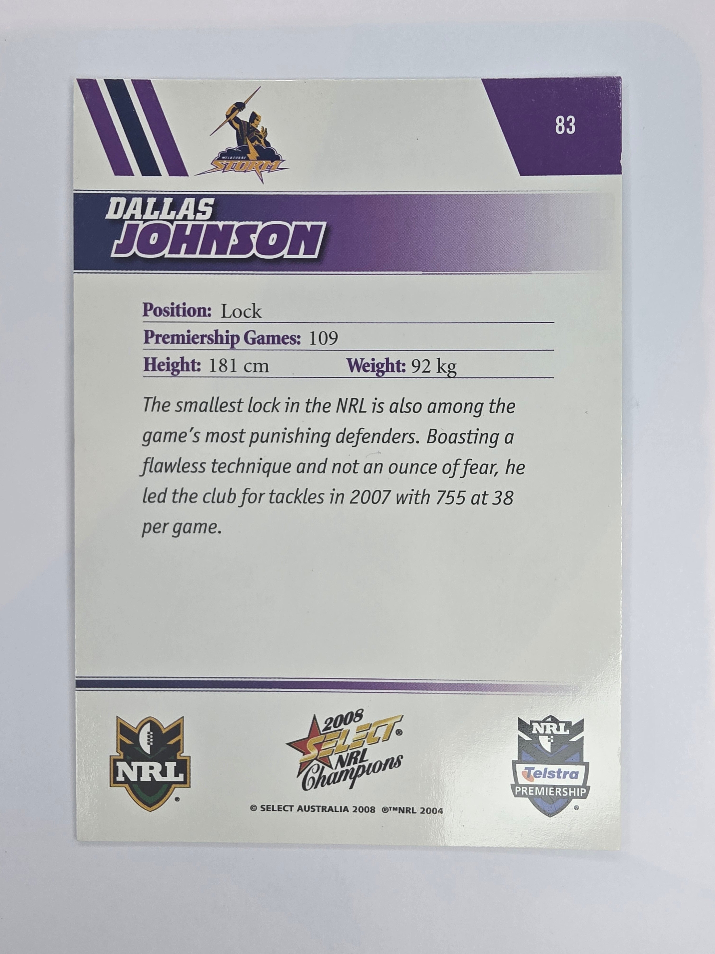NRL 2008 Champions Base Card #83 Dallas Johnson Melbourne Storm