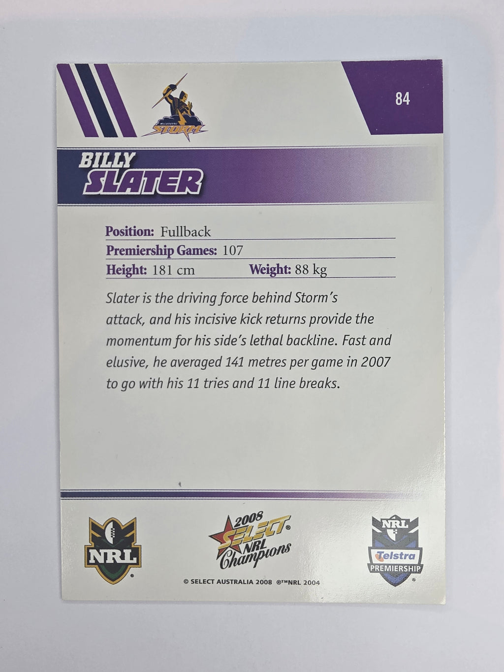 NRL 2008 Champions Base Card #84 Billy Slater Melbourne Storm