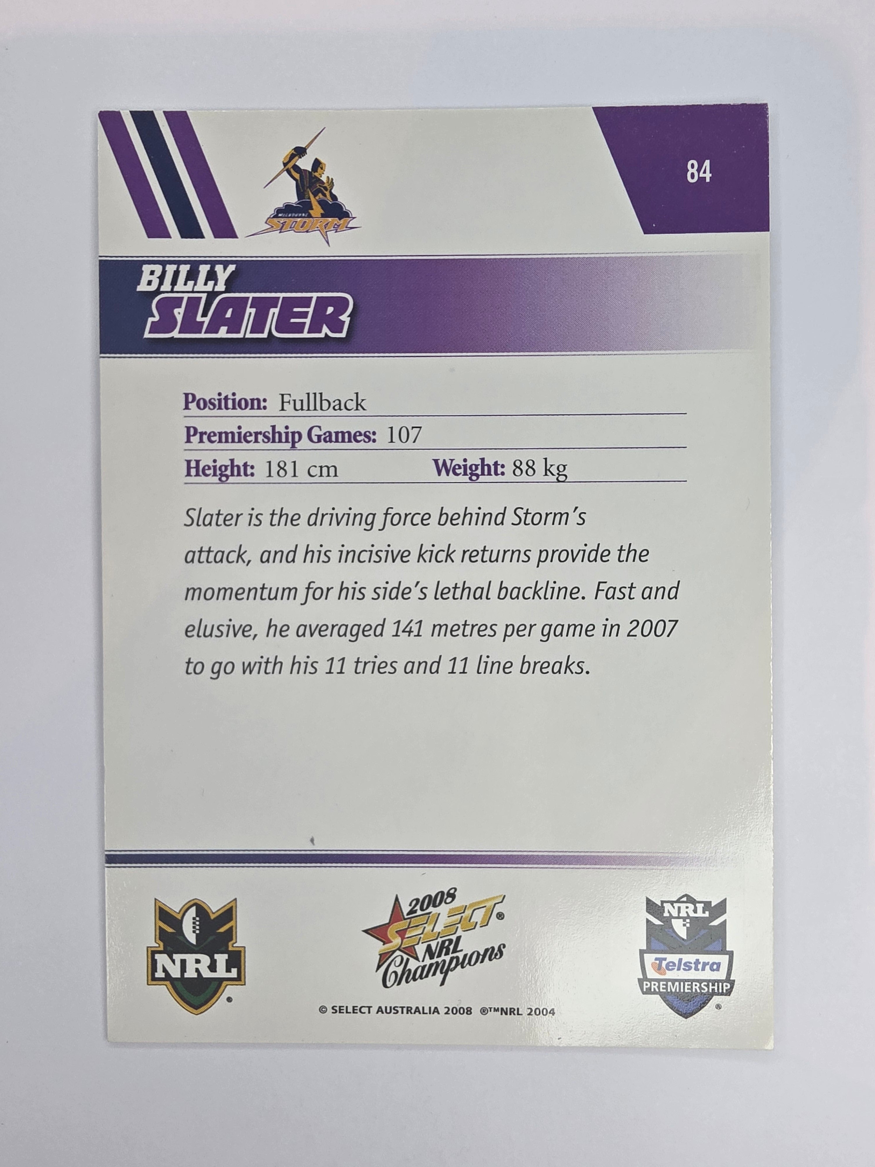 NRL 2008 Champions Base Card #84 Billy Slater Melbourne Storm