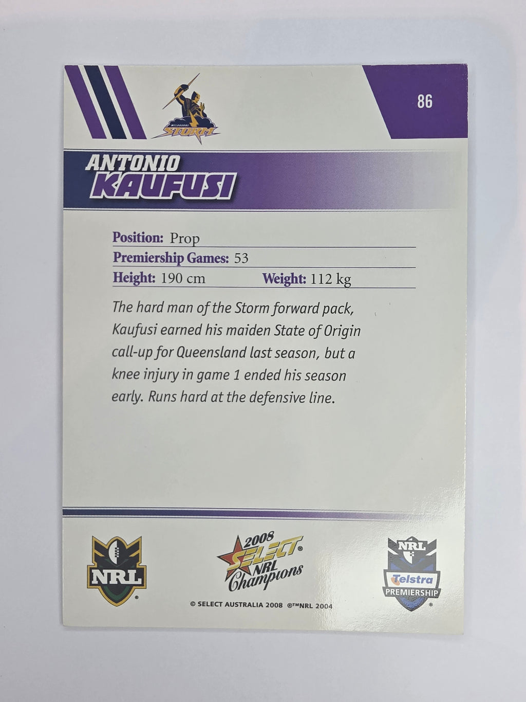 NRL 2008 Champions Base Card #86 Antonio Kaufusi Melbourne Storm