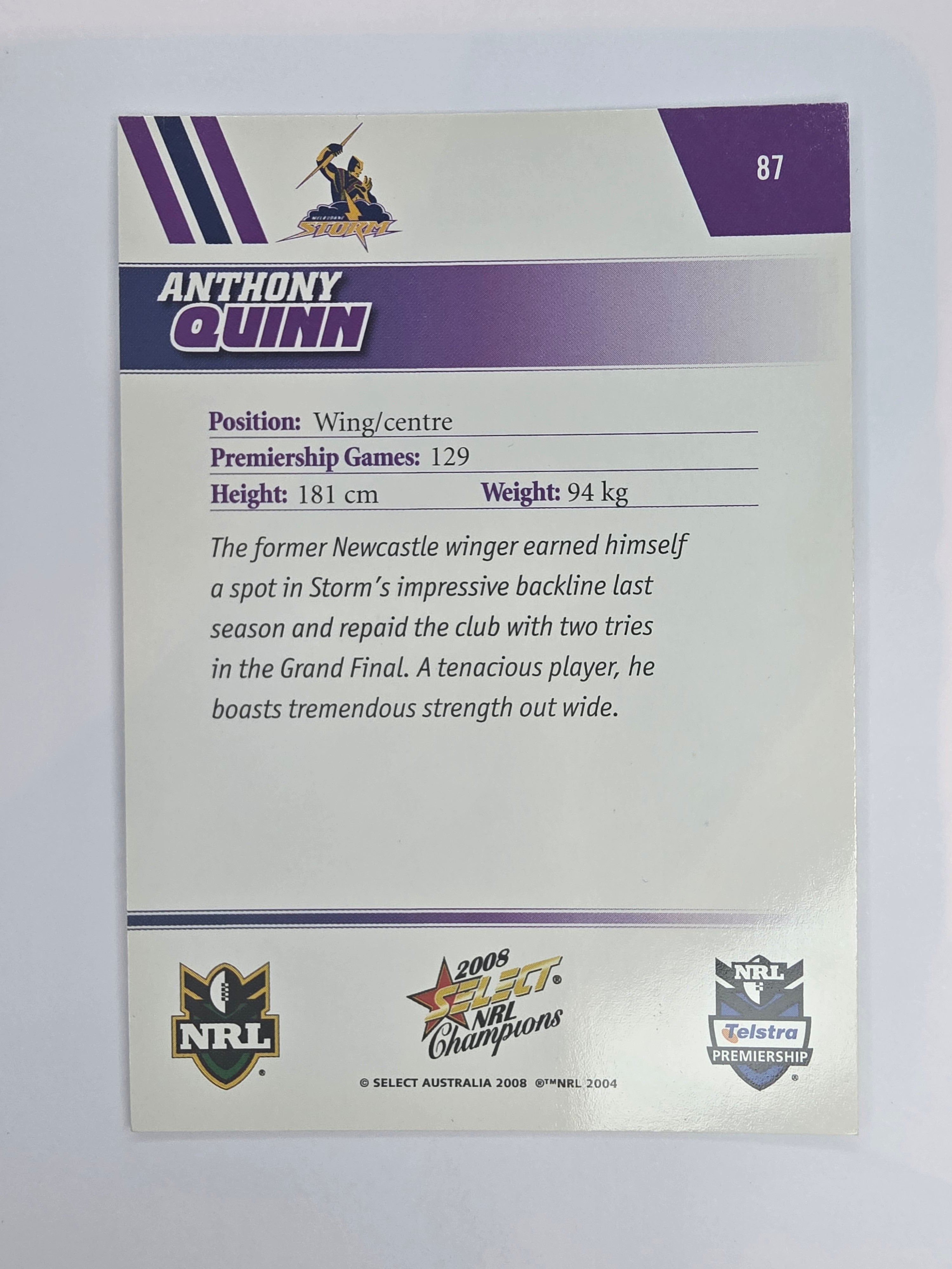 NRL 2008 Champions Base Card #87 Anthony Quinn Melbourne Storm
