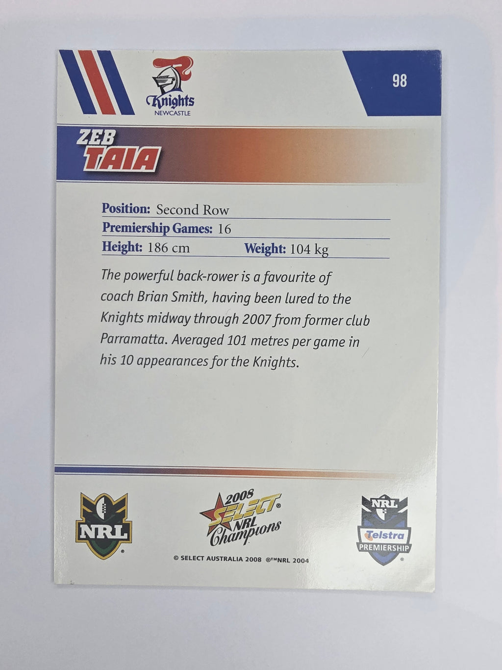 NRL 2008 Champions Base Card #98 Zeb Taia Newcastle Knights