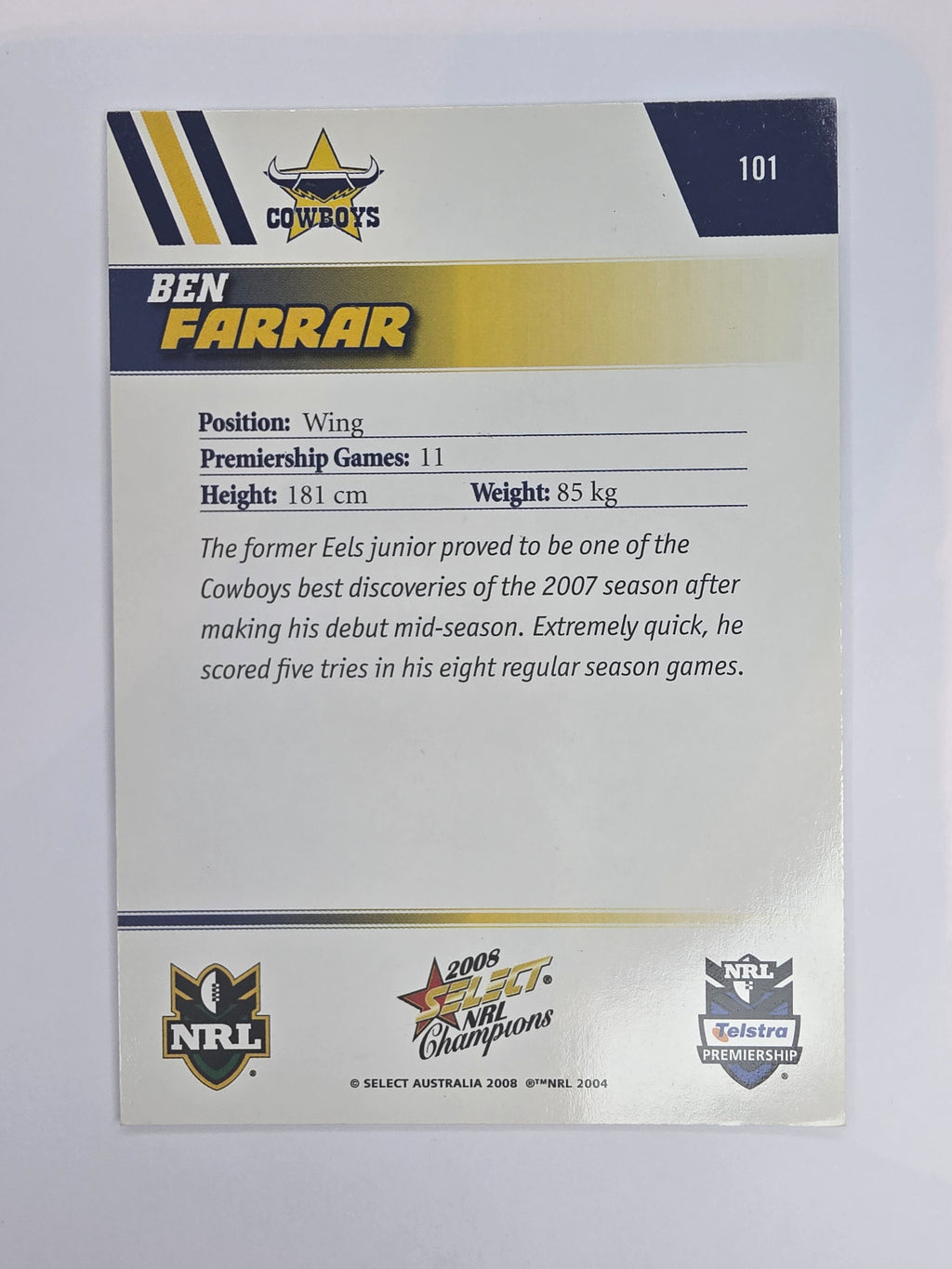 NRL 2008 Champions Base Card #101 Ben Farrar North Queensland Cowboys