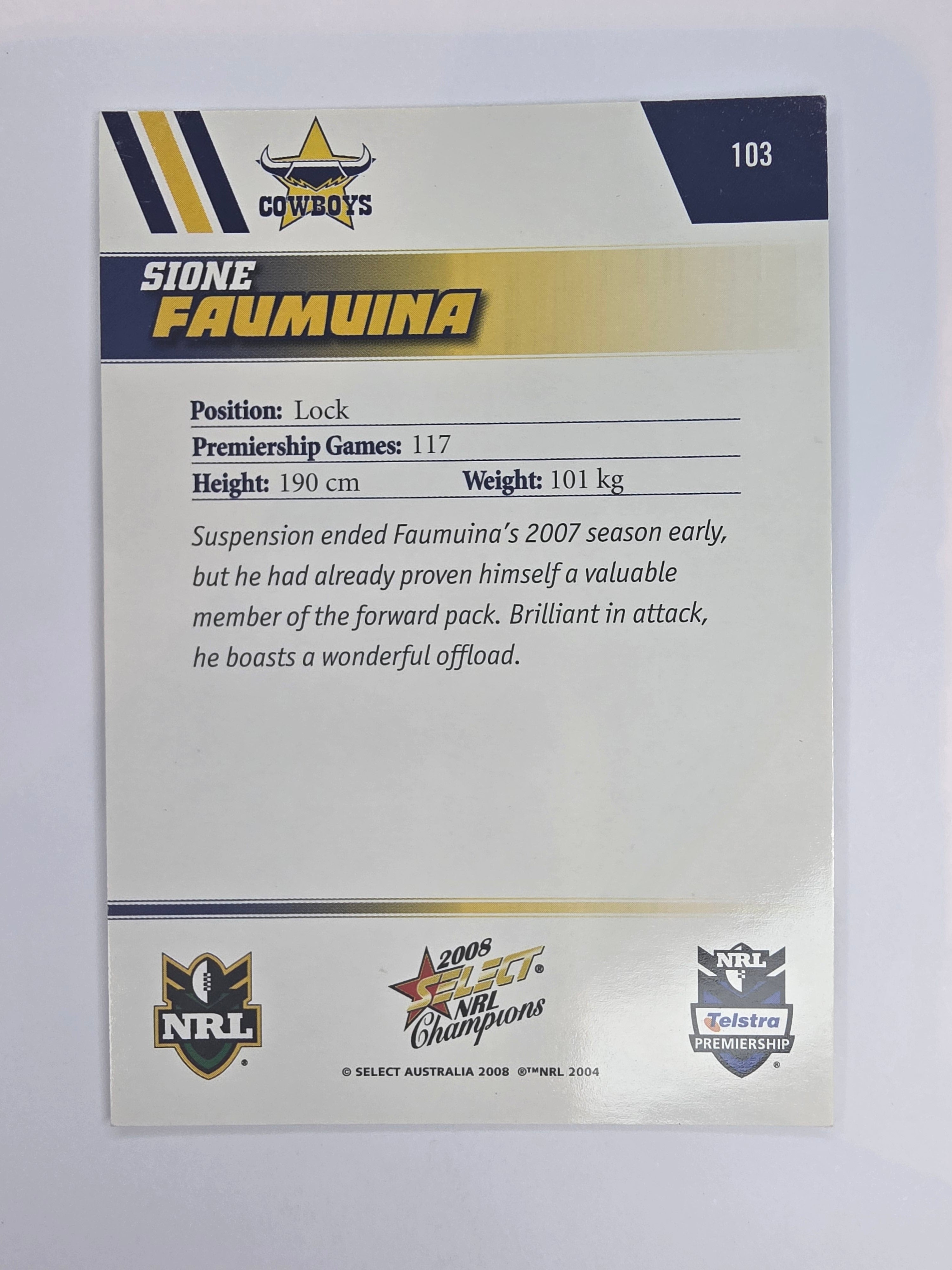 NRL 2008 Champions Base Card #103 Sione Faumuina North Queensland Cowboys