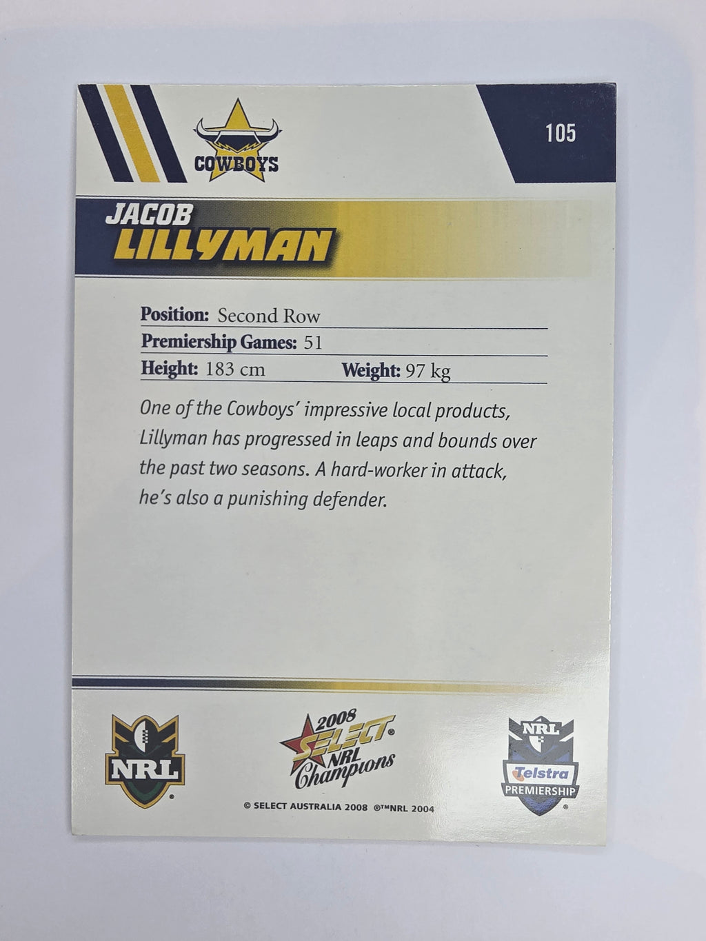NRL 2008 Champions Base Card #105 Jacob Lillyman North Queensland Cowboys