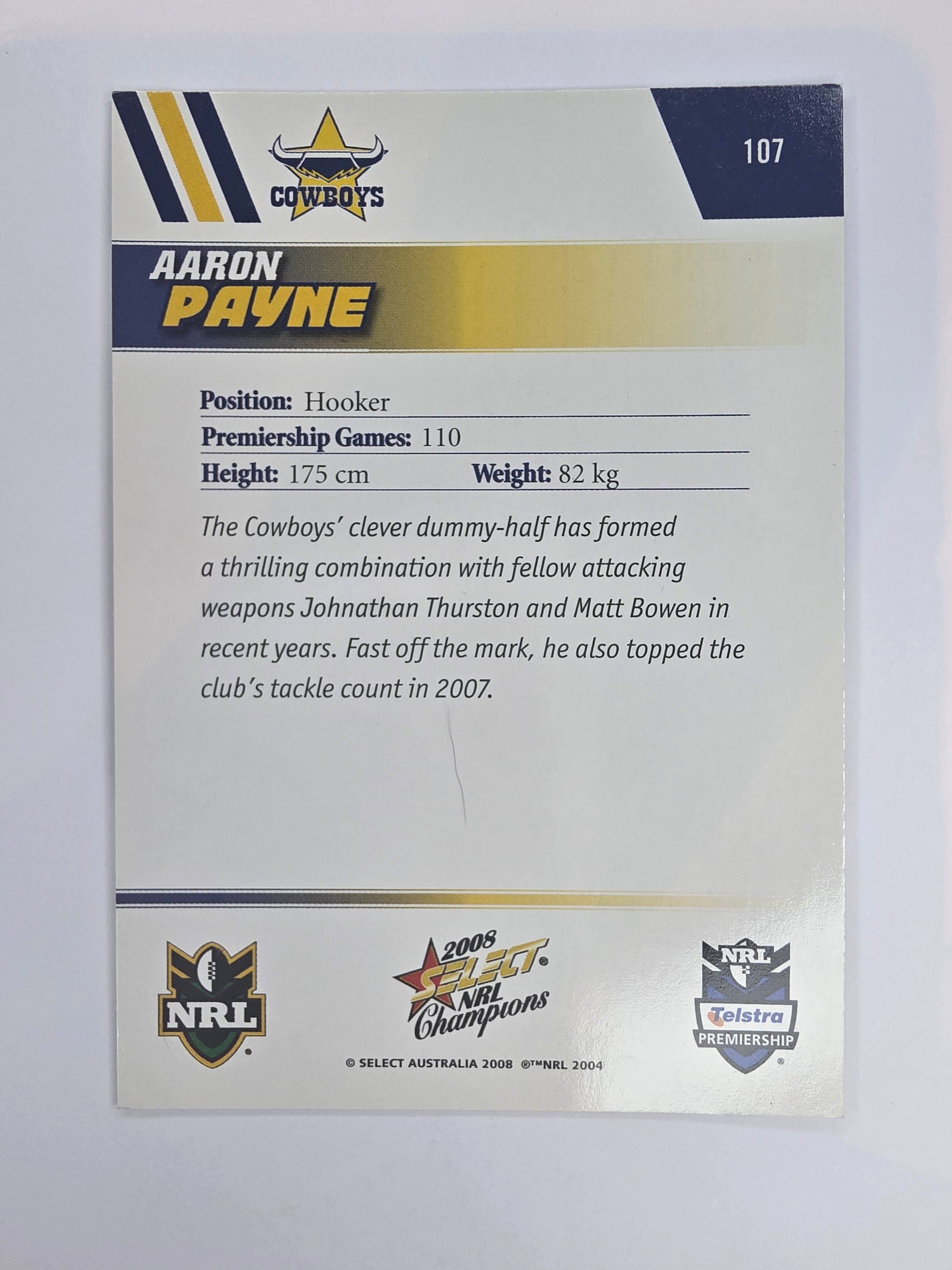 NRL 2008 Champions Base Card #107 Aaron Payne North Queensland Cowboys