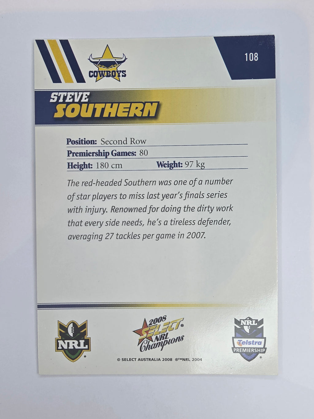 NRL 2008 Champions Base Card #108 Steve Southern North Queensland Cowboys