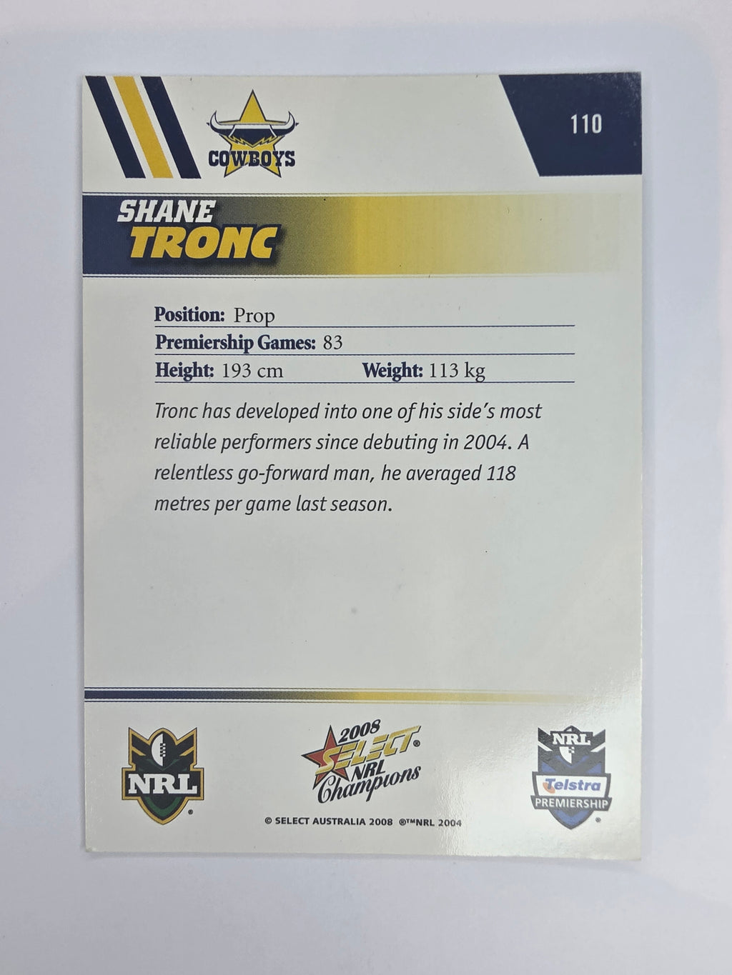 NRL 2008 Champions Base Card #110 Shane Tronc North Queensland Cowboys