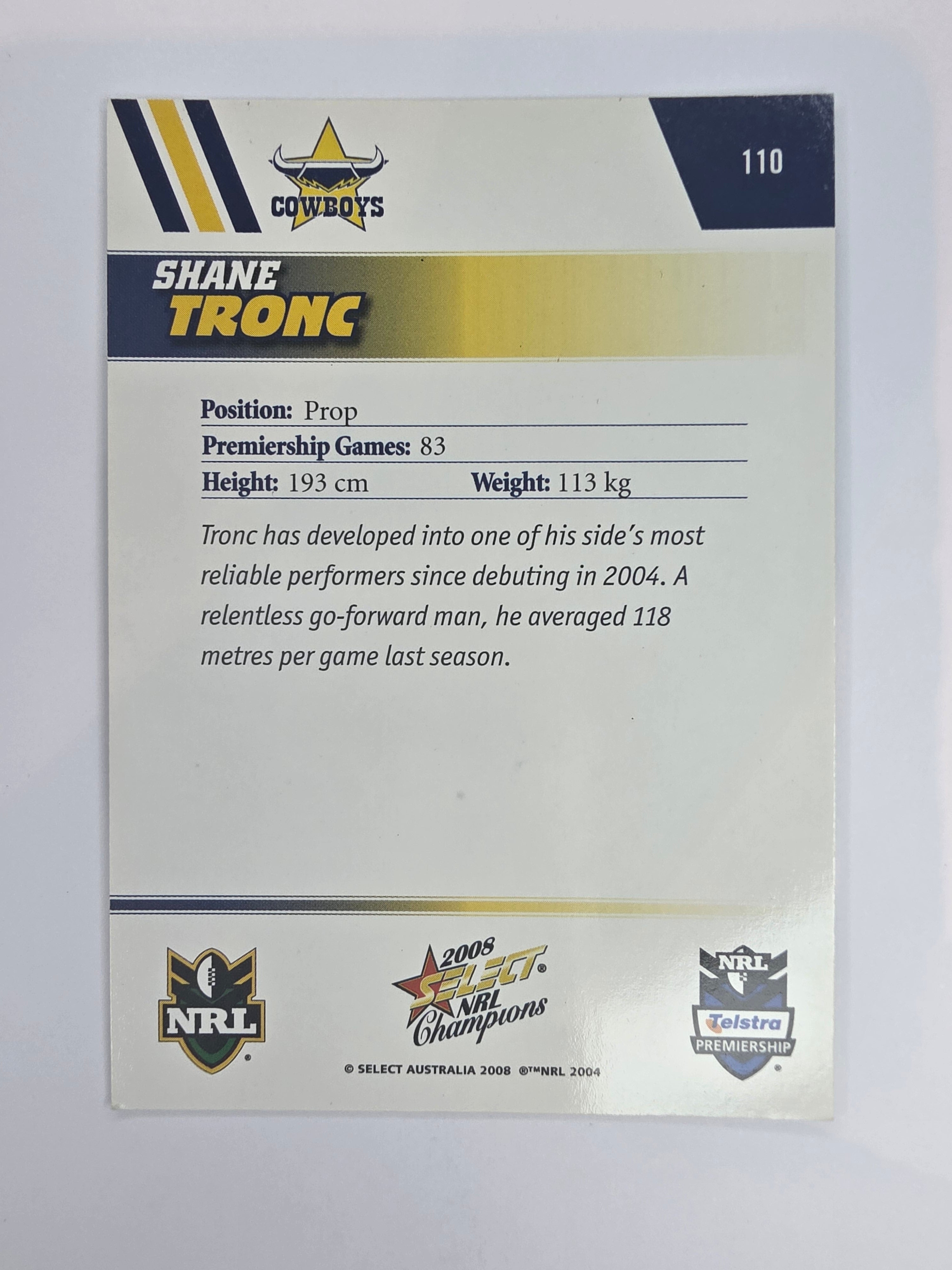 NRL 2008 Champions Base Card #110 Shane Tronc North Queensland Cowboys