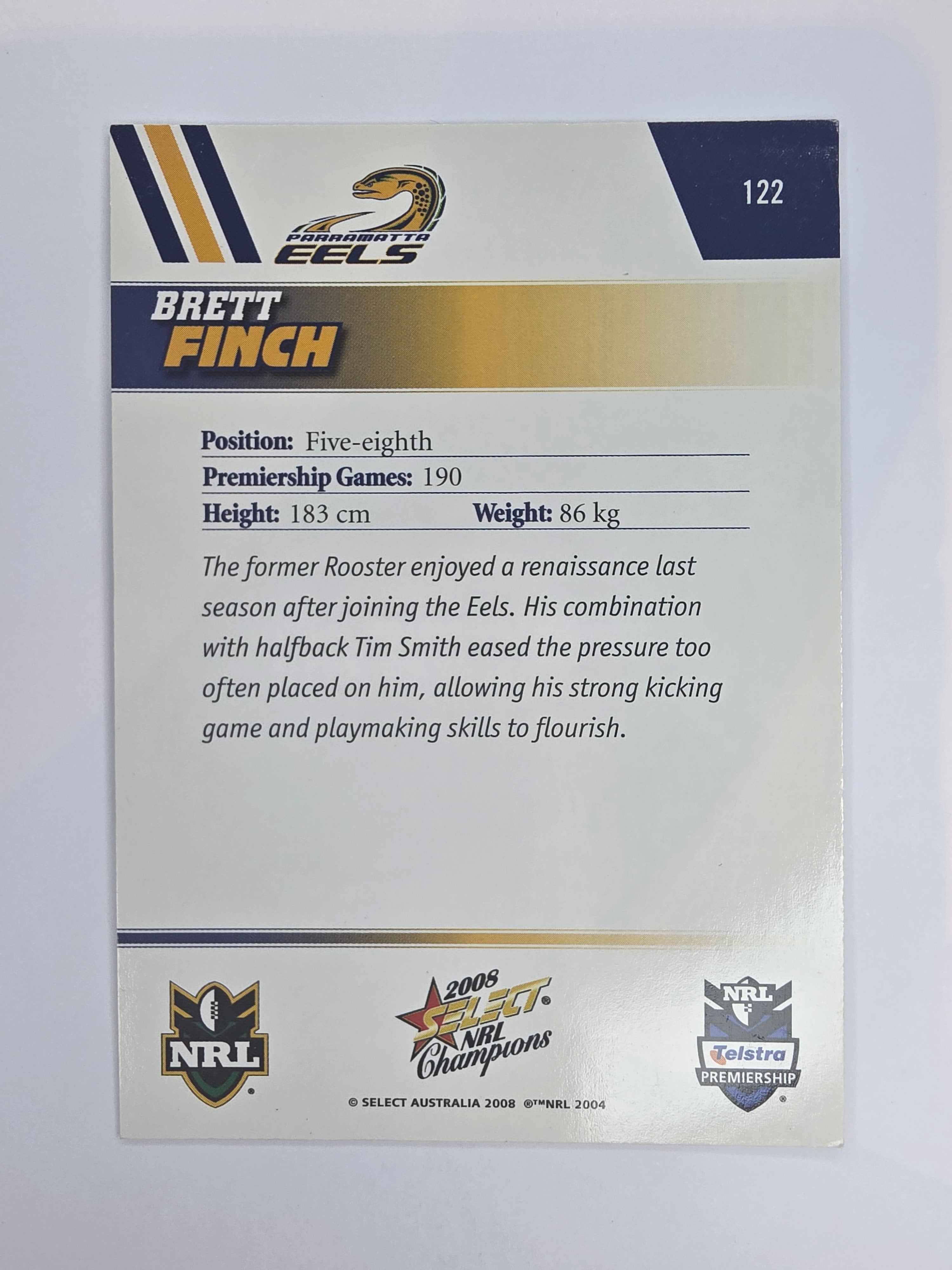 NRL 2008 Champions Base Card #122 Brett Finch Parramatta Eels