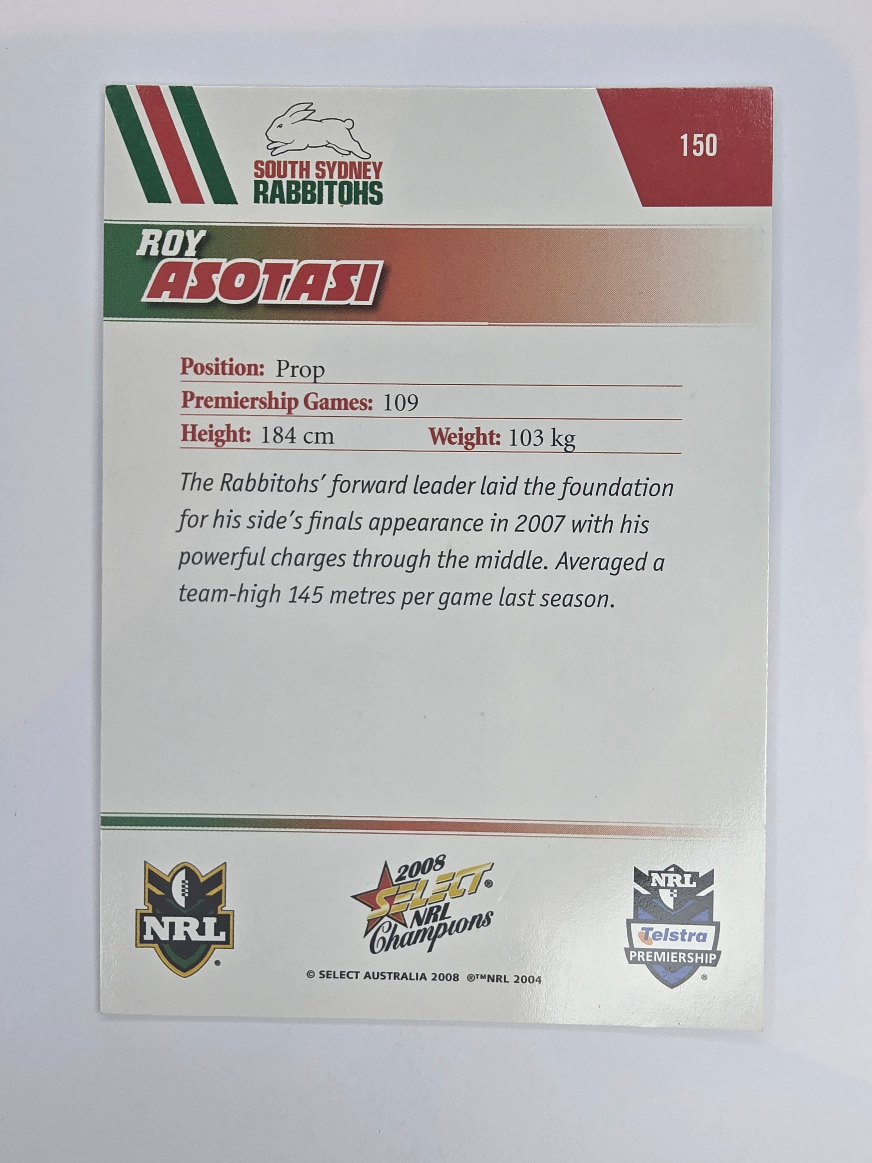 NRL 2008 Champions Base Card #150 Roy Asotasi South Sydney Rabbitohs