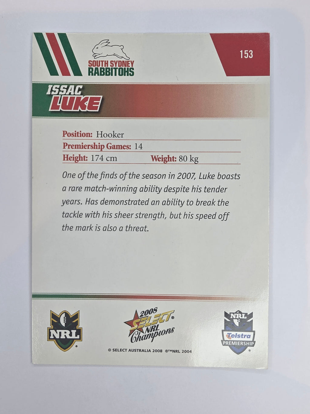 NRL 2008 Champions Base Card #153 Issac Luke South Sydney Rabbitohs
