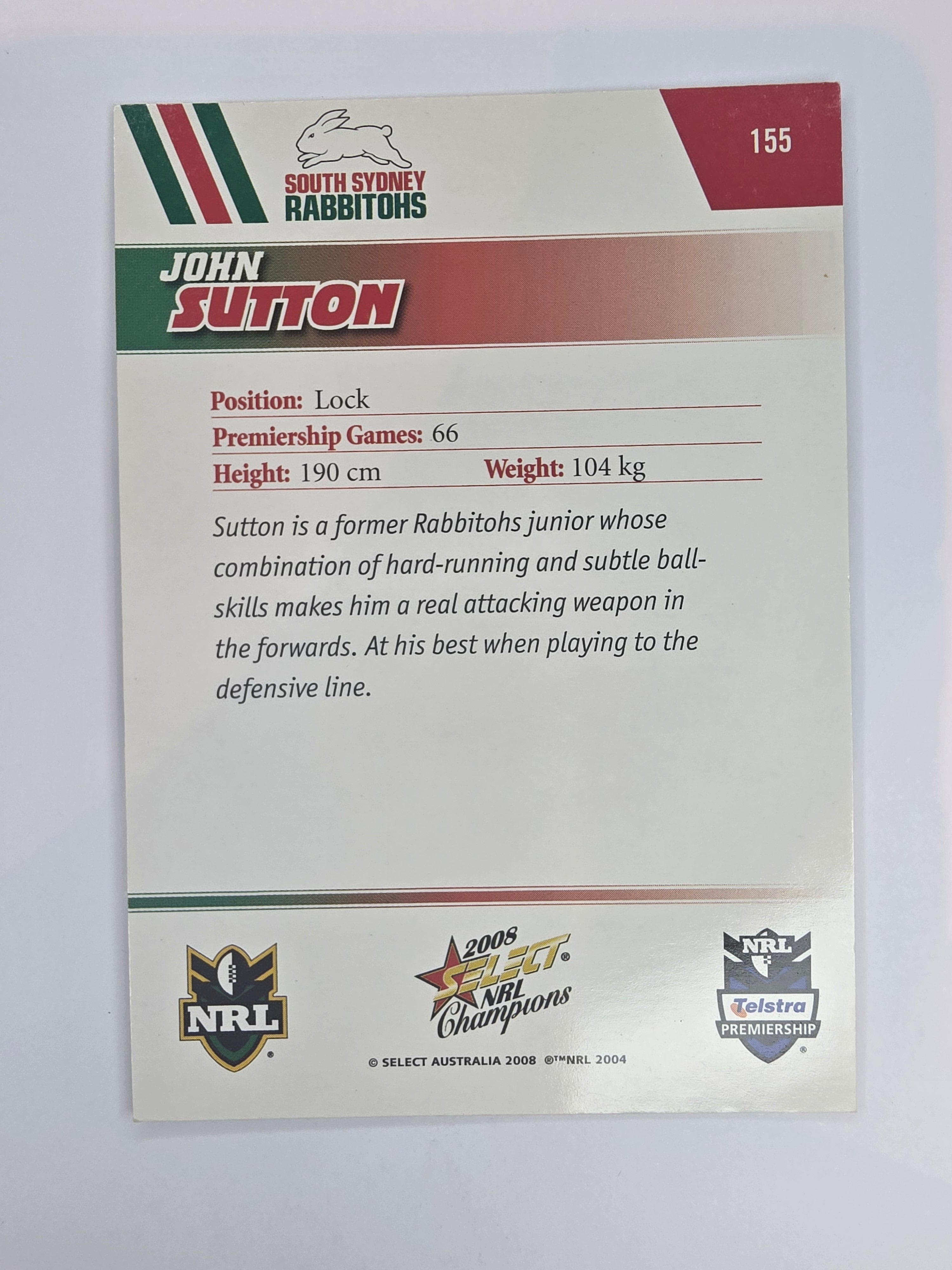 NRL 2008 Champions Base Card #155 John Sutton South Sydney Rabbitohs