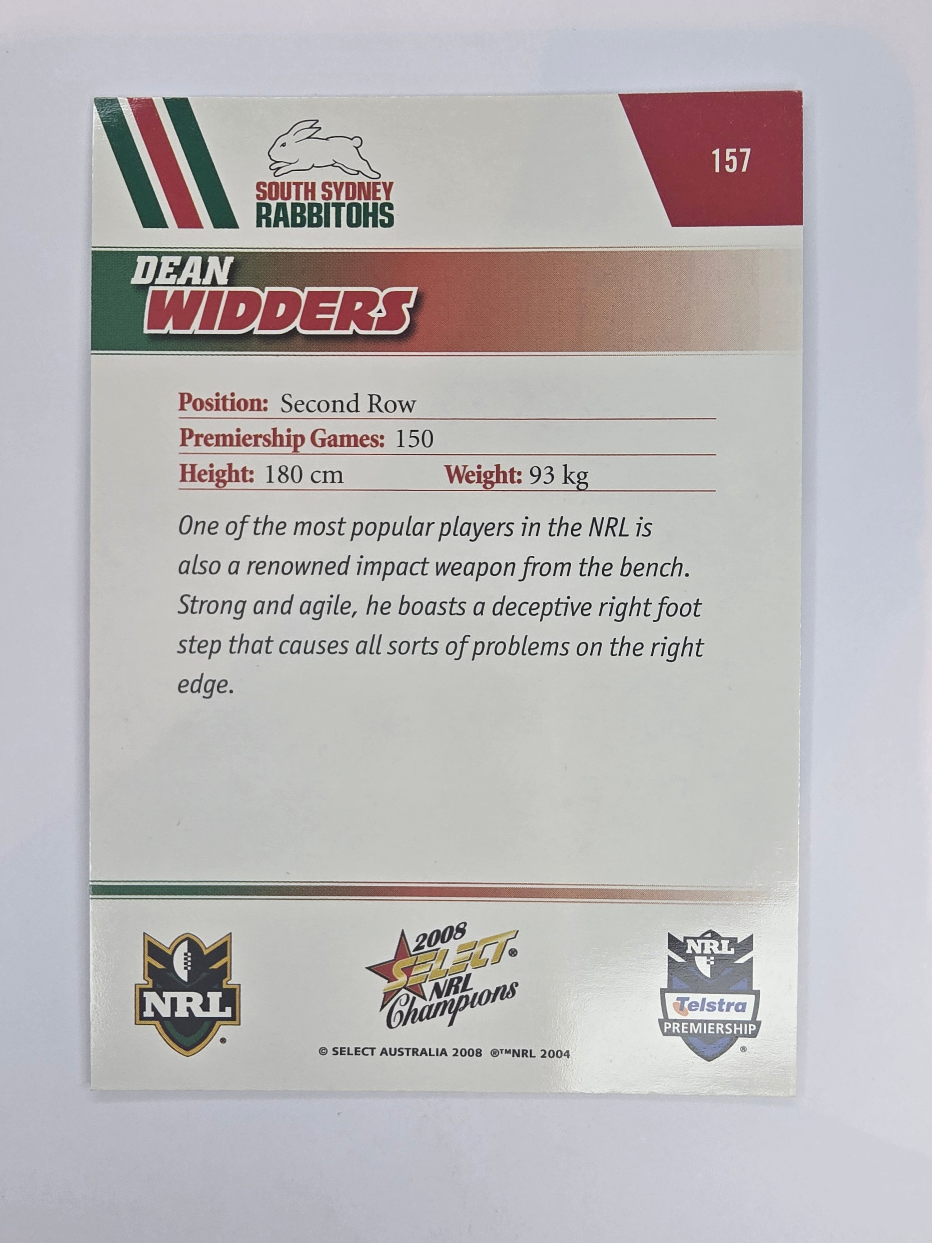 NRL 2008 Champions Base Card #157 Dean Widders South Sydney Rabbitohs