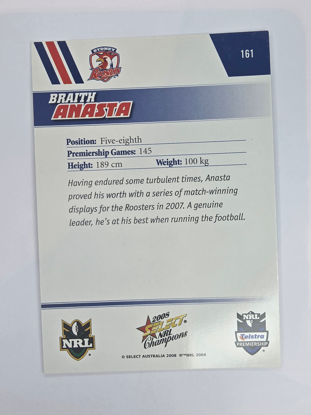 NRL 2008 Champions Base Card #161 Braith Anasta Sydney Roosters