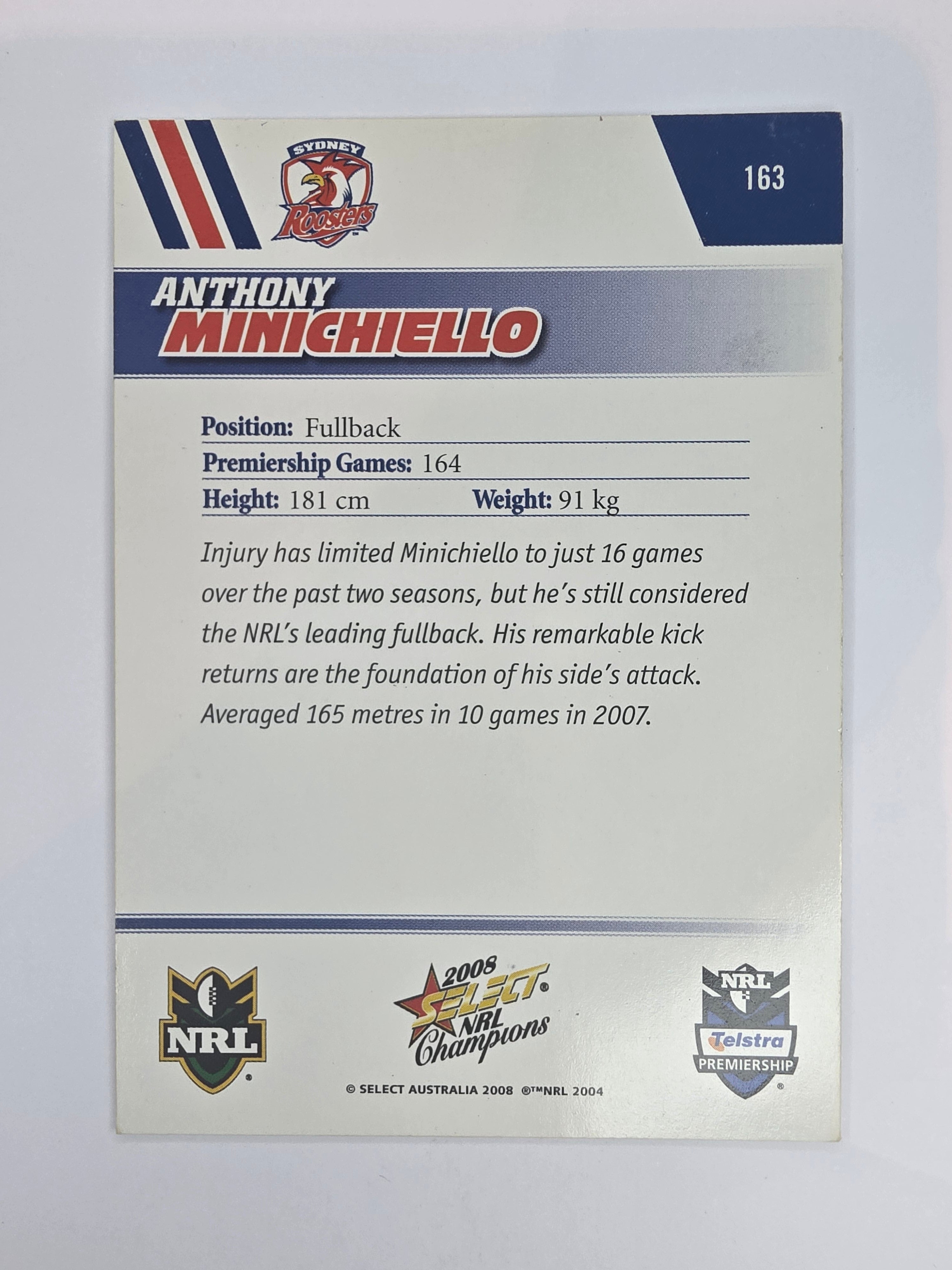 NRL 2008 Champions Base Card #163 Anthony Minichiello Sydney Roosters