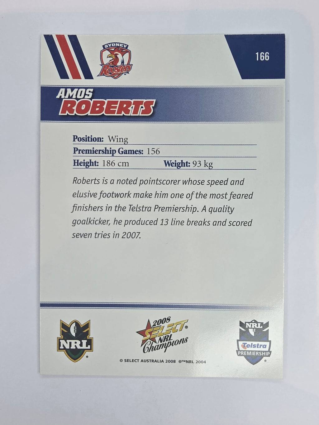 NRL 2008 Champions Base Card #166 Amos Roberts Sydney Roosters