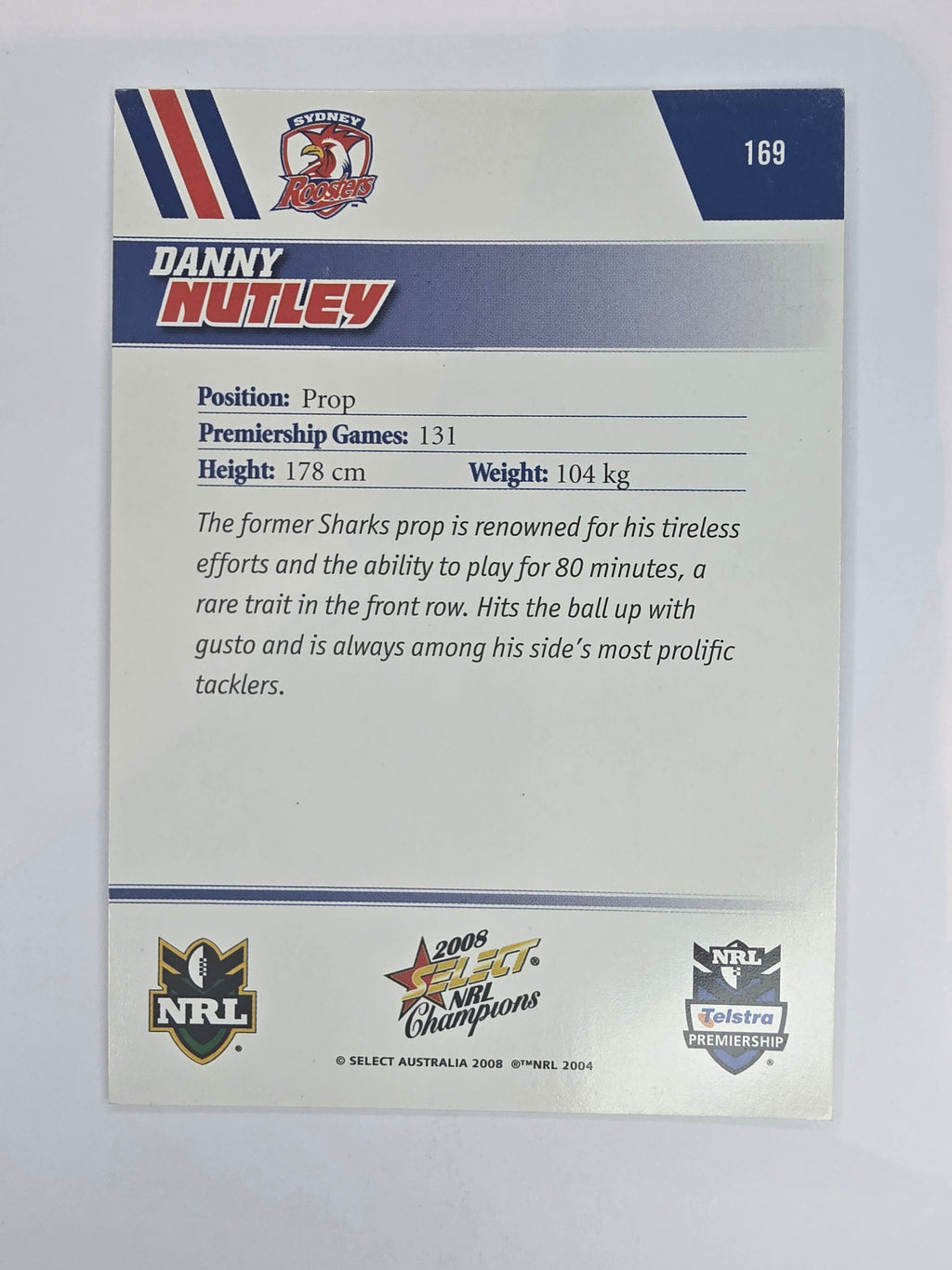 NRL 2008 Champions Base Card #169 Danny Nutley Sydney Roosters