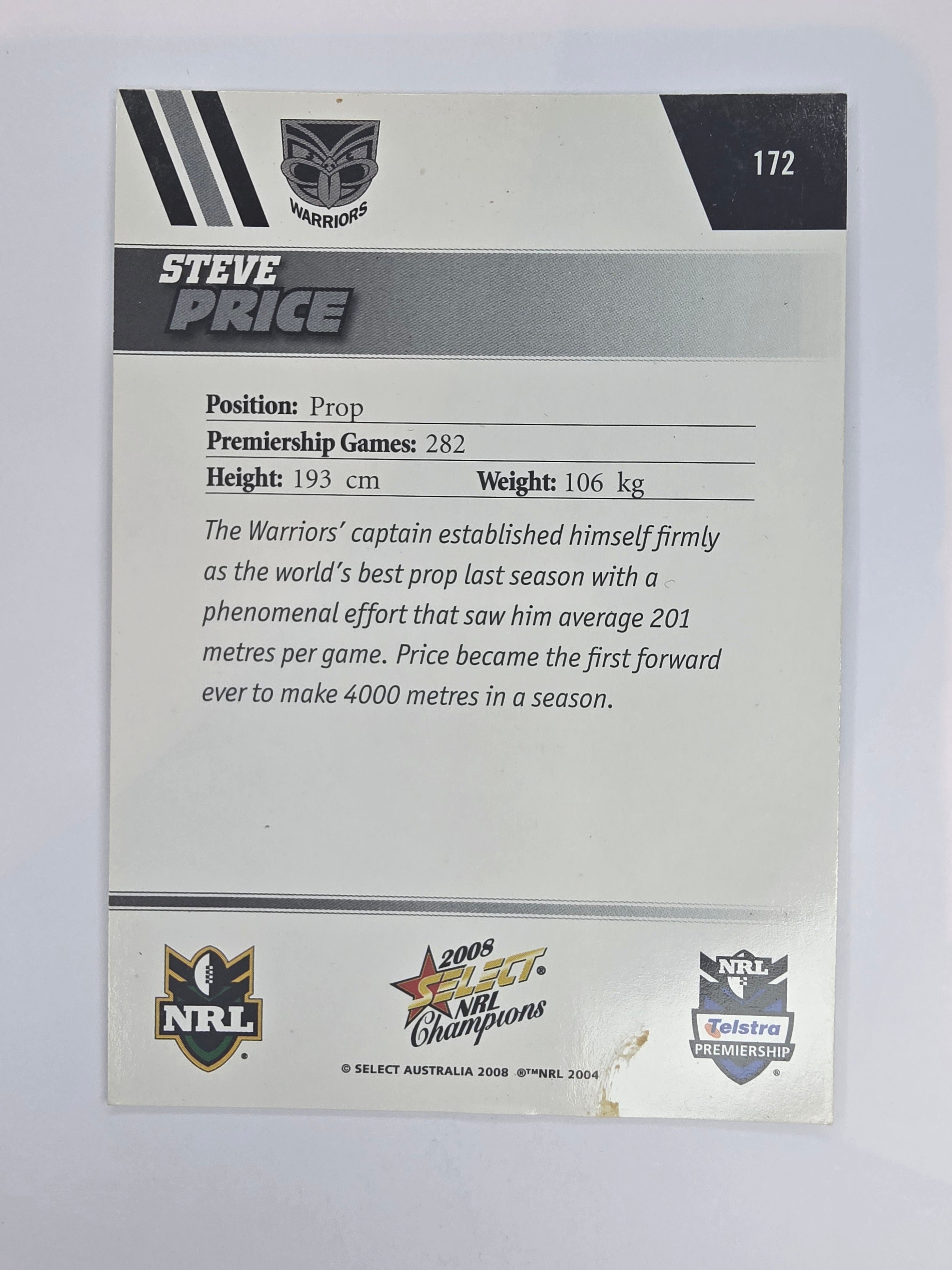 NRL 2008 Champions Base Card #172 Steve Price New Zealand Warriors