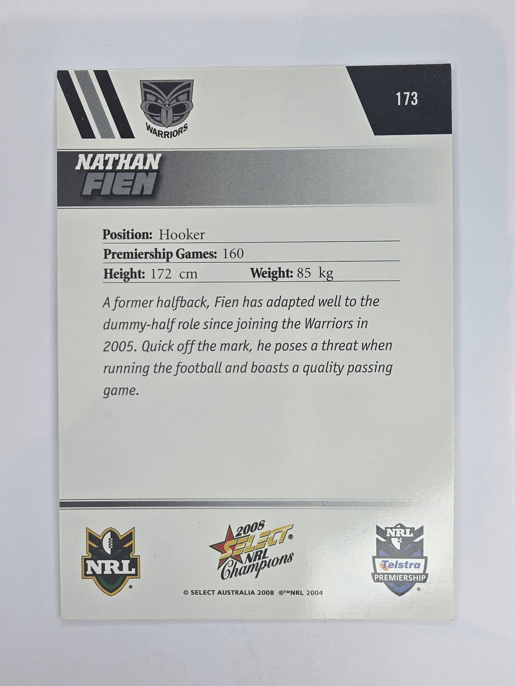 NRL 2008 Champions Base Card #173 Nathan Fien New Zealand Warriors