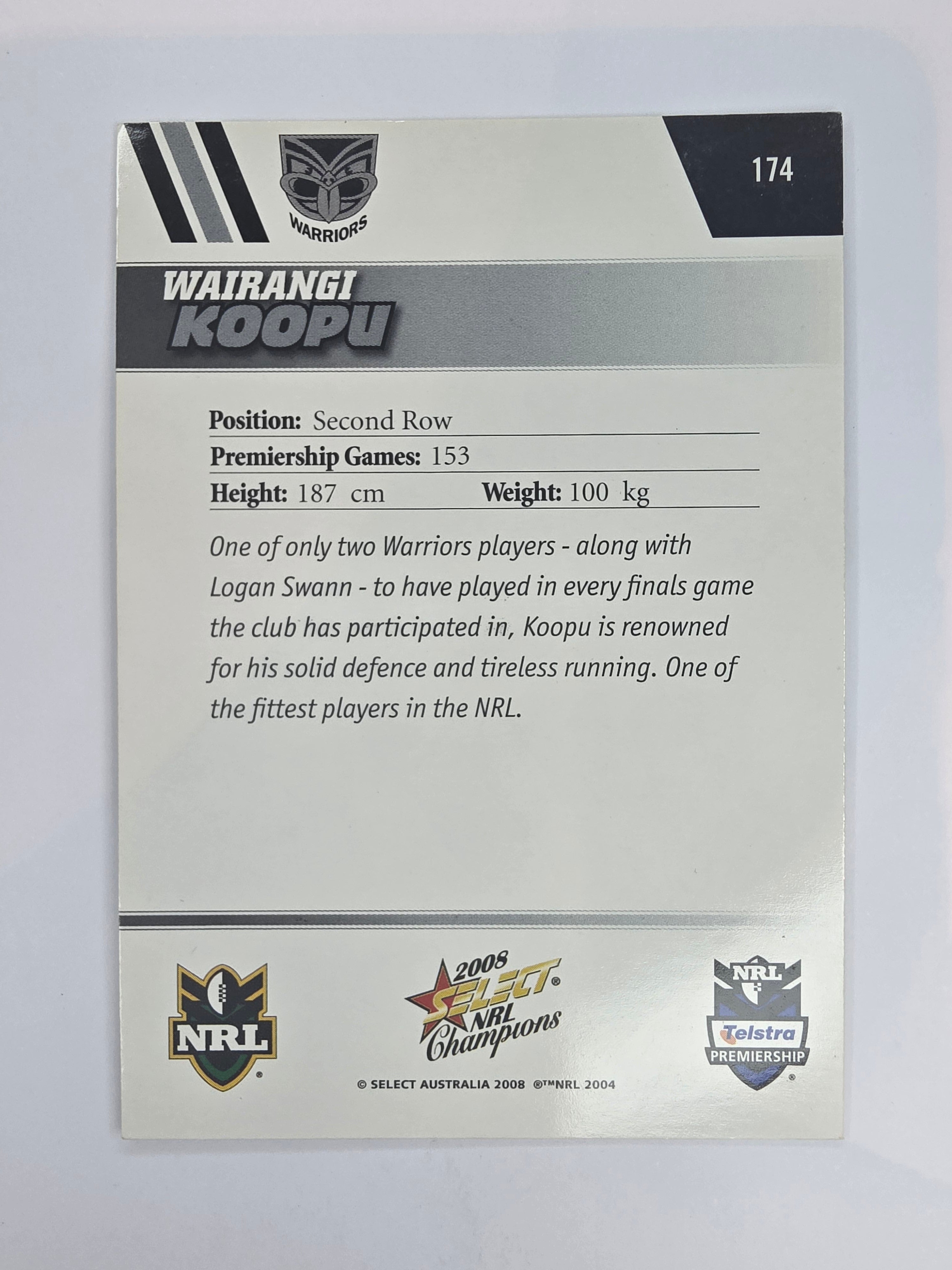 NRL 2008 Champions Base Card #174 Wairangi Koopu New Zealand Warriors
