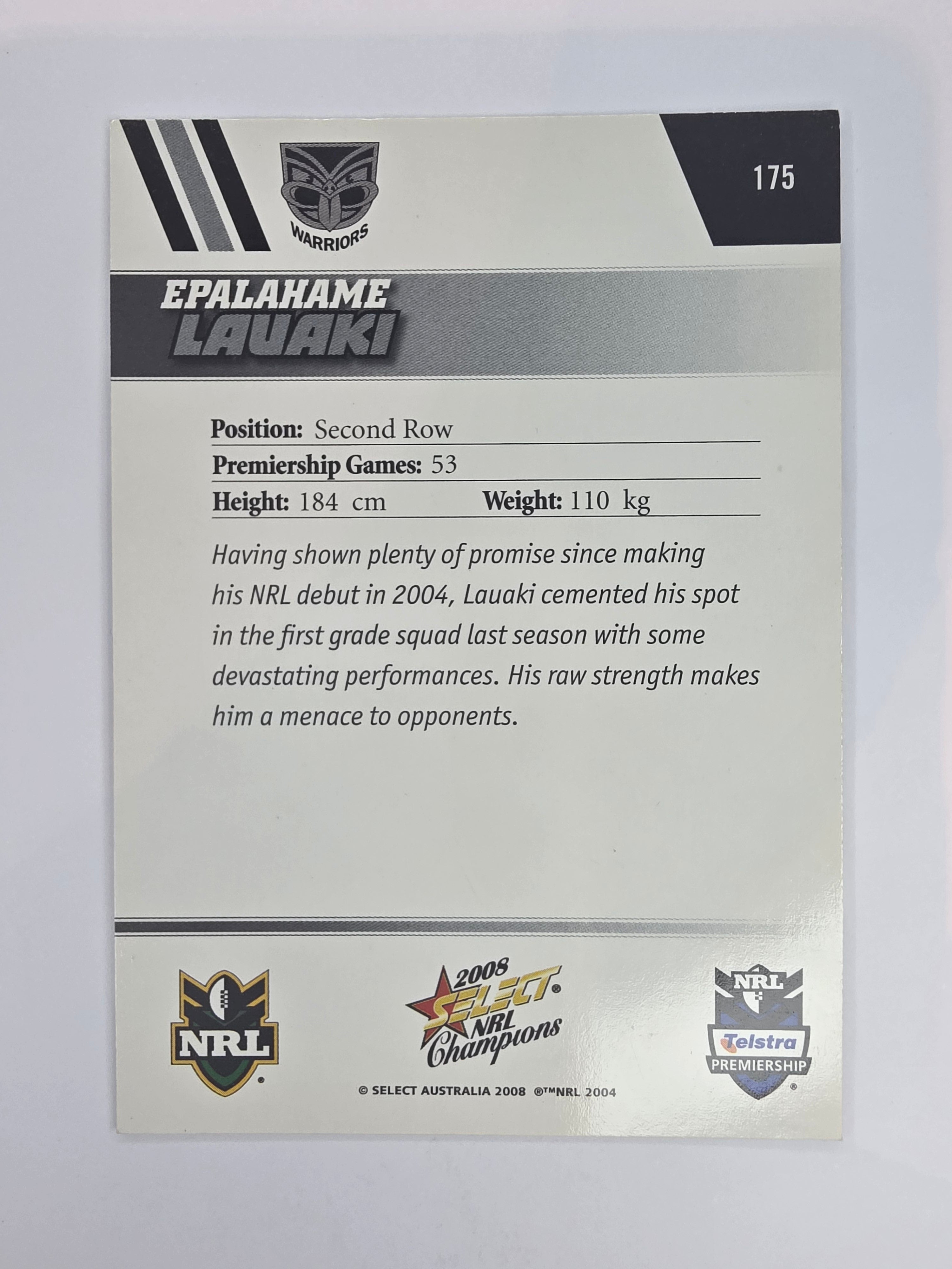 NRL 2008 Champions Base Card #175 Epalahame Lauaki New Zealand Warriors