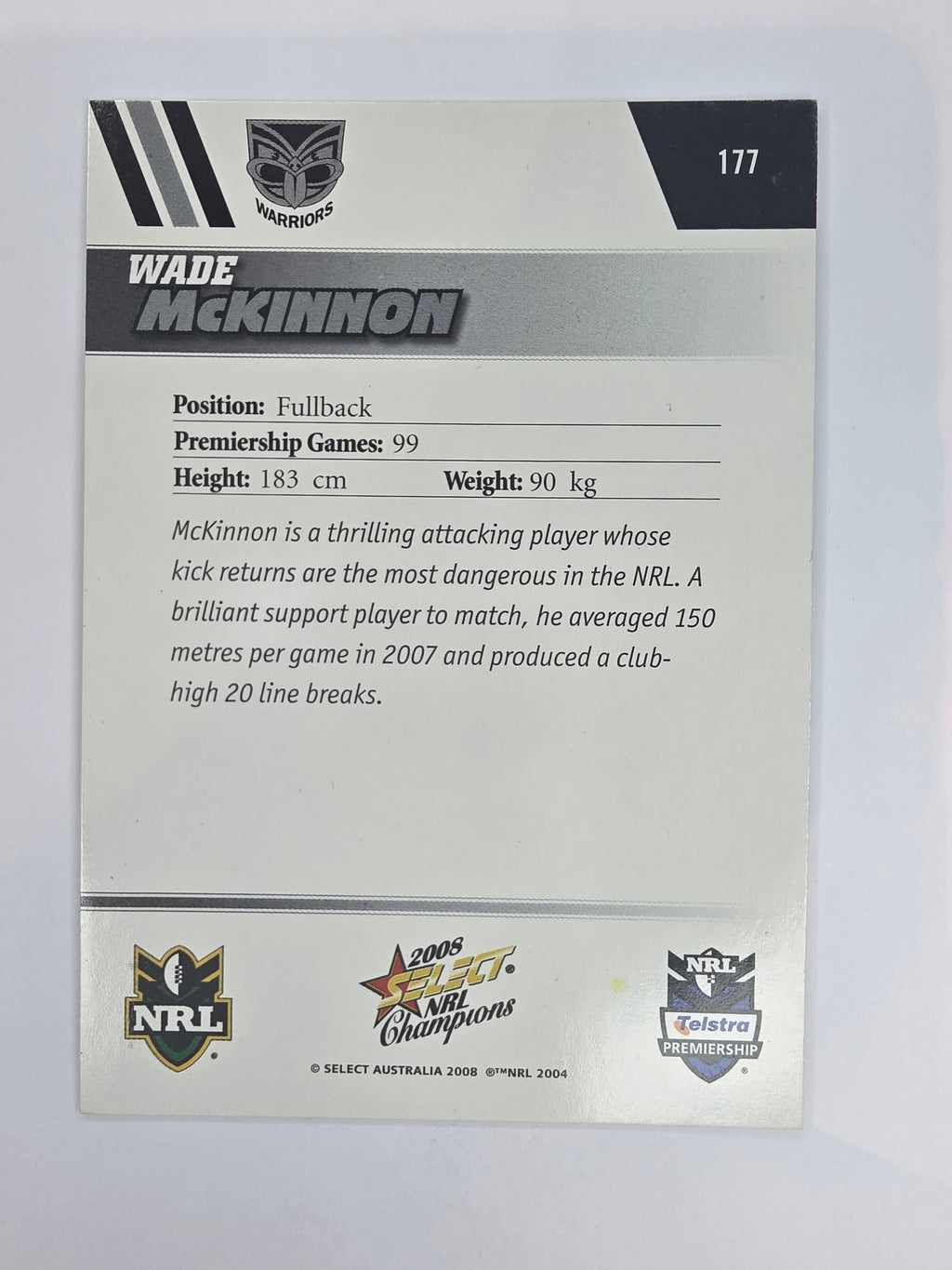 NRL 2008 Champions Base Card #177 Wade McKinnon New Zealand Warriors