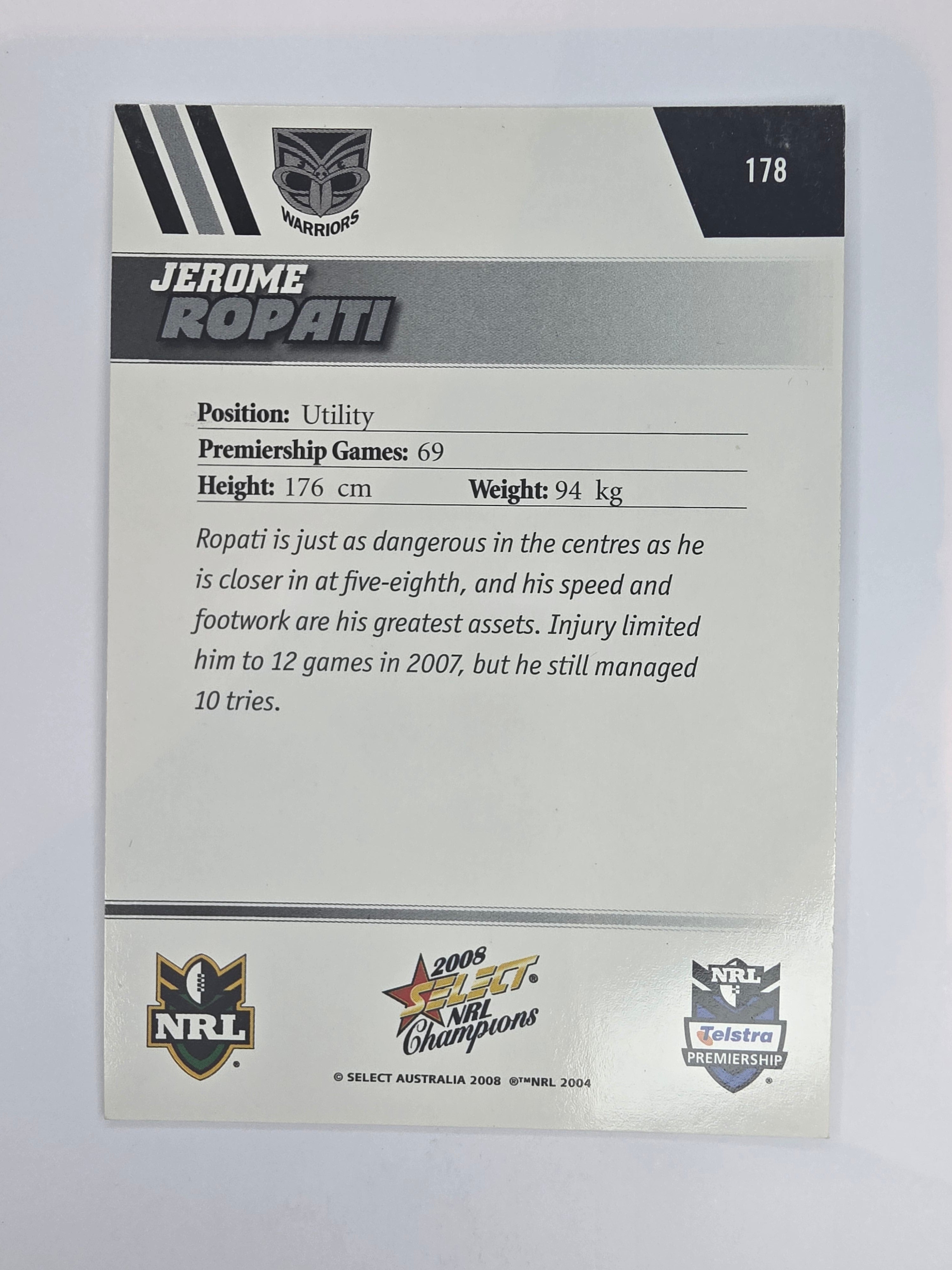 NRL 2008 Champions Base Card #178 Jerome Ropati New Zealand Warriors
