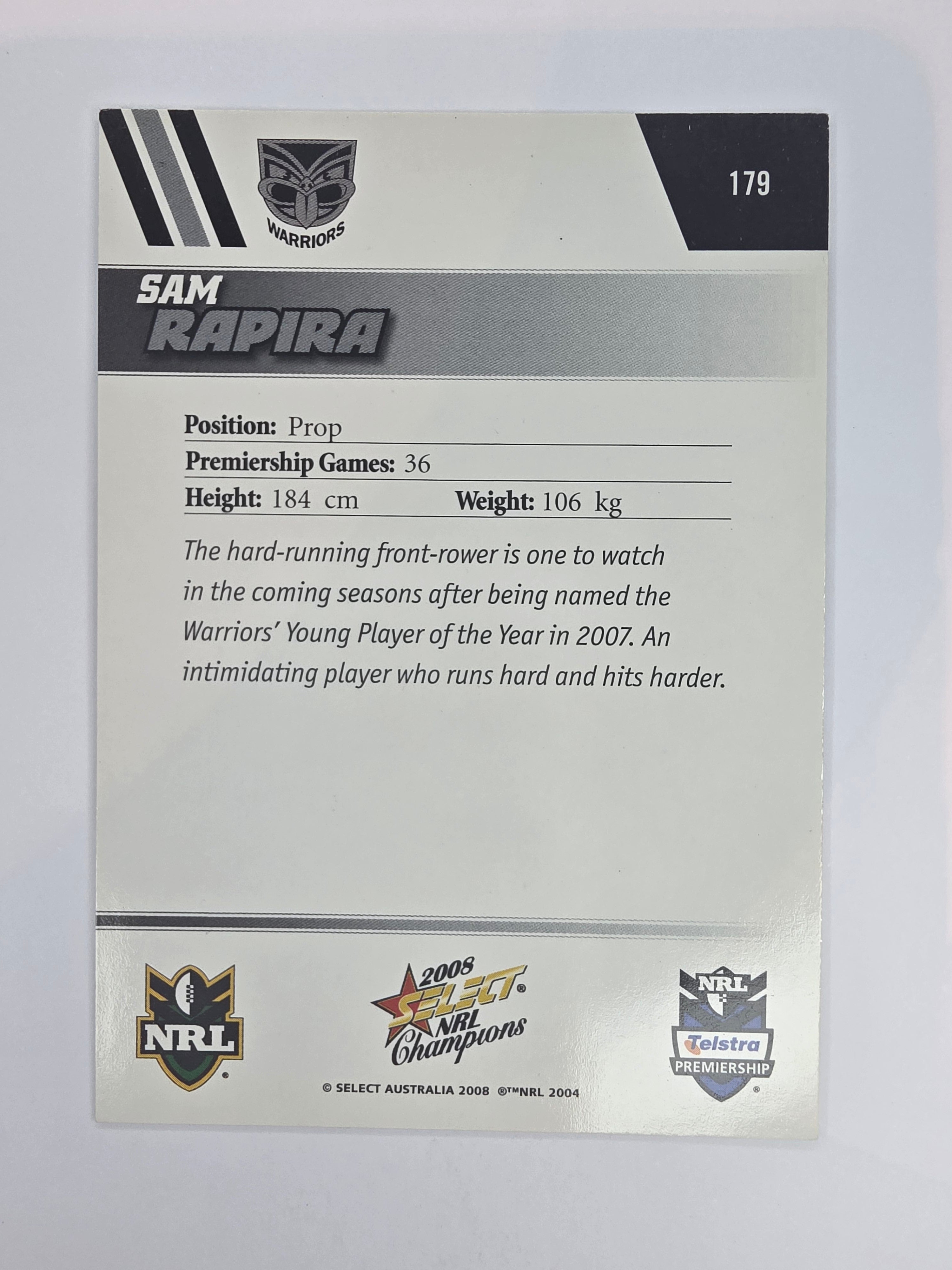 NRL 2008 Champions Base Card #179 Sam Rapira New Zealand Warriors