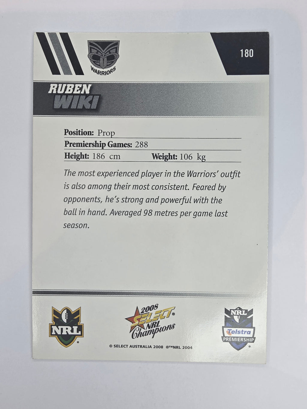 NRL 2008 Champions Base Card #180 Ruben Wiki New Zealand Warriors