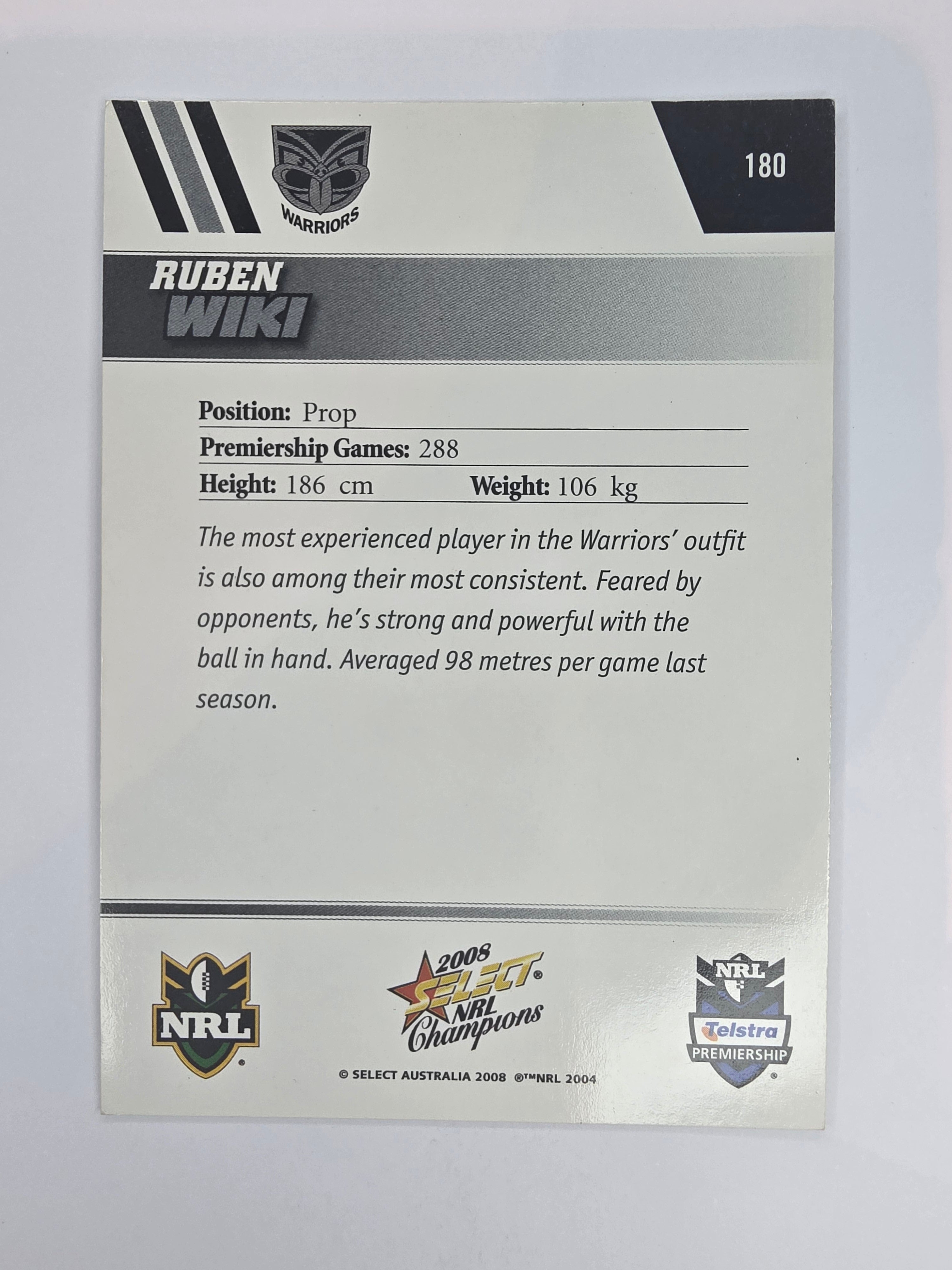 NRL 2008 Champions Base Card #180 Ruben Wiki New Zealand Warriors